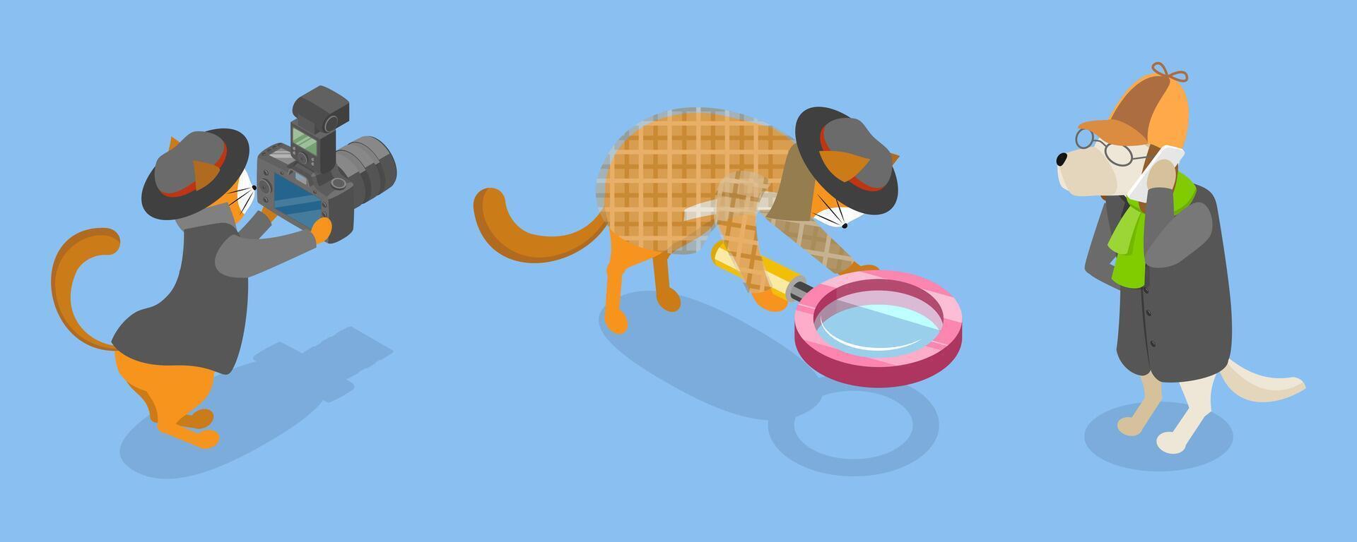 3D Isometric Flat Illustration of Funny Pet Detectives, Crime Investigating vector