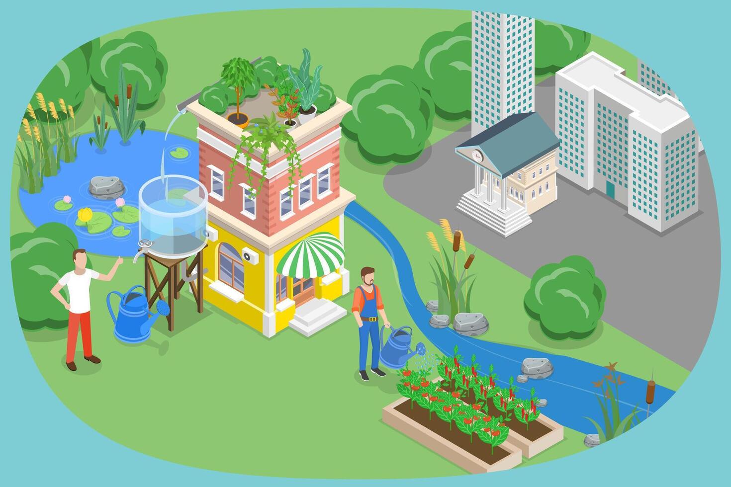 3D Isometric Flat Illustration of Water Conservation In City, Rainwater Collection and Reuse vector