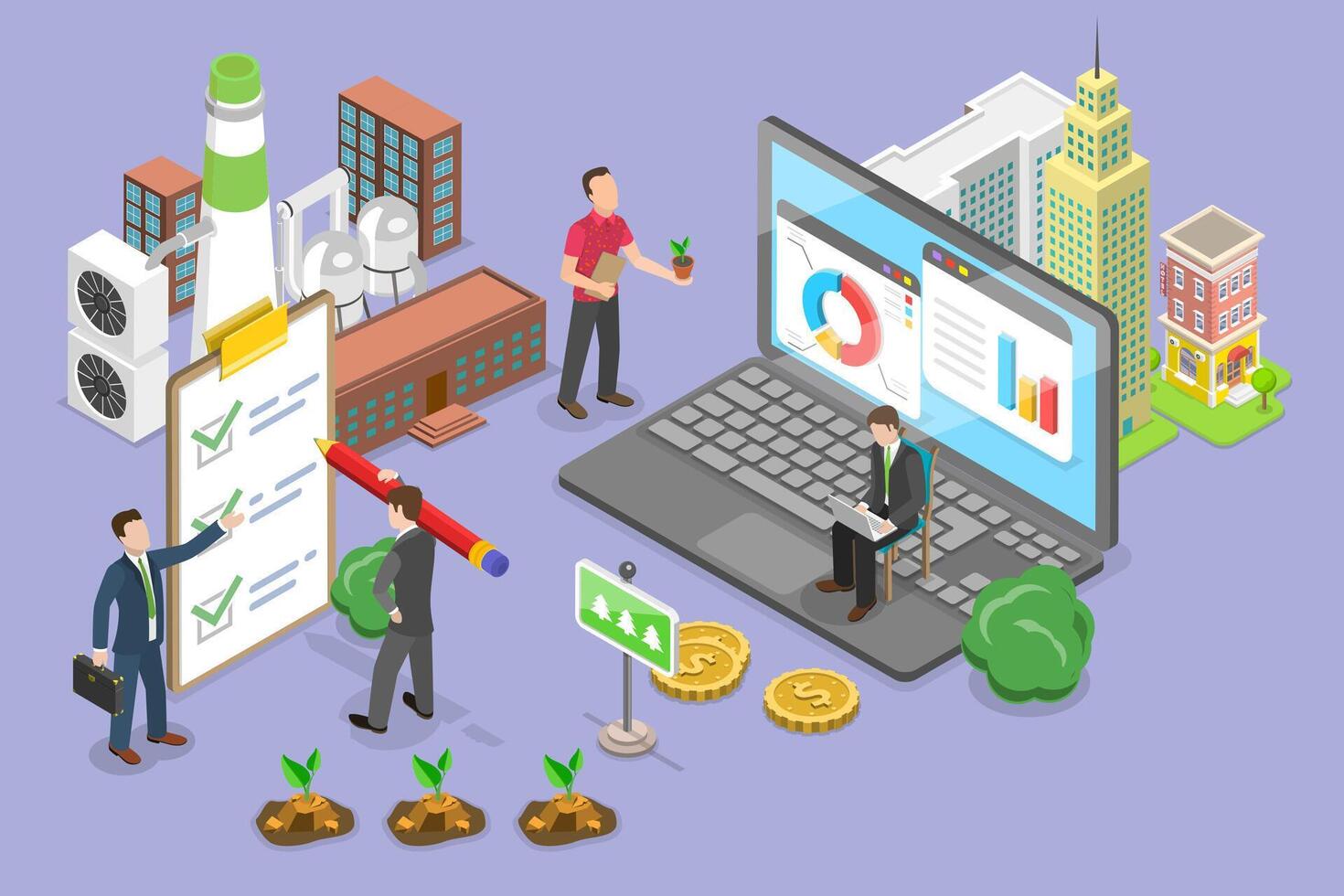 3D Isometric Flat Illustration of Ecological Analysis , Corporate Social Responsibility vector