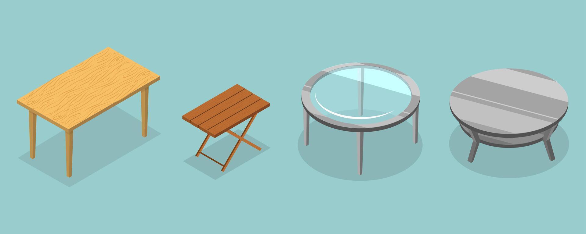 3D Isometric Flat Illustration of Tables Collection, Wooden Furniture vector