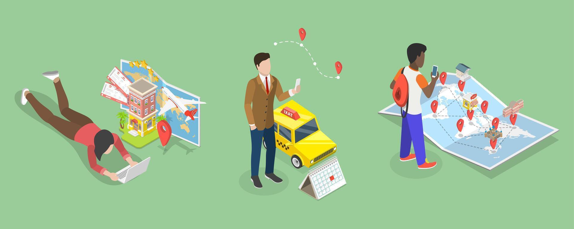 3D Isometric Flat Illustration of Trip Planning, Travel Preparation Tips vector