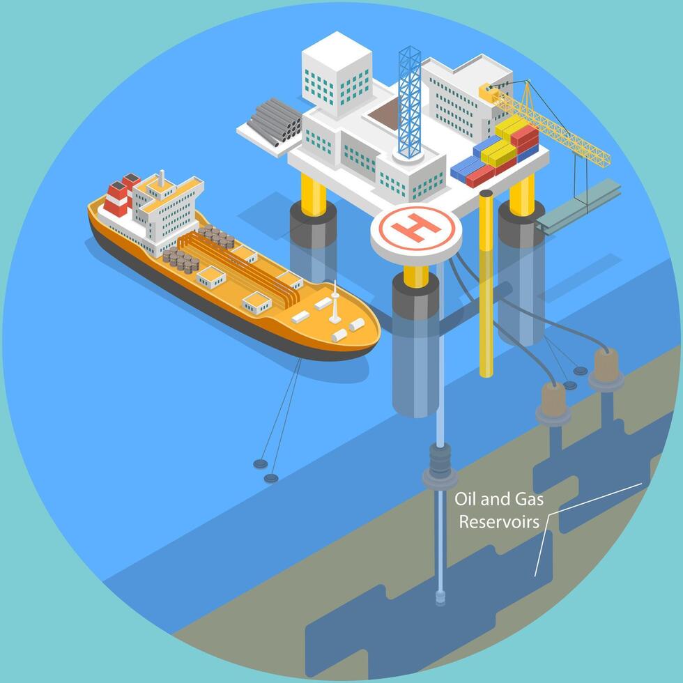 3D Isometric Flat Illustration of Ocean Drilling, Scene Oil Extraction vector