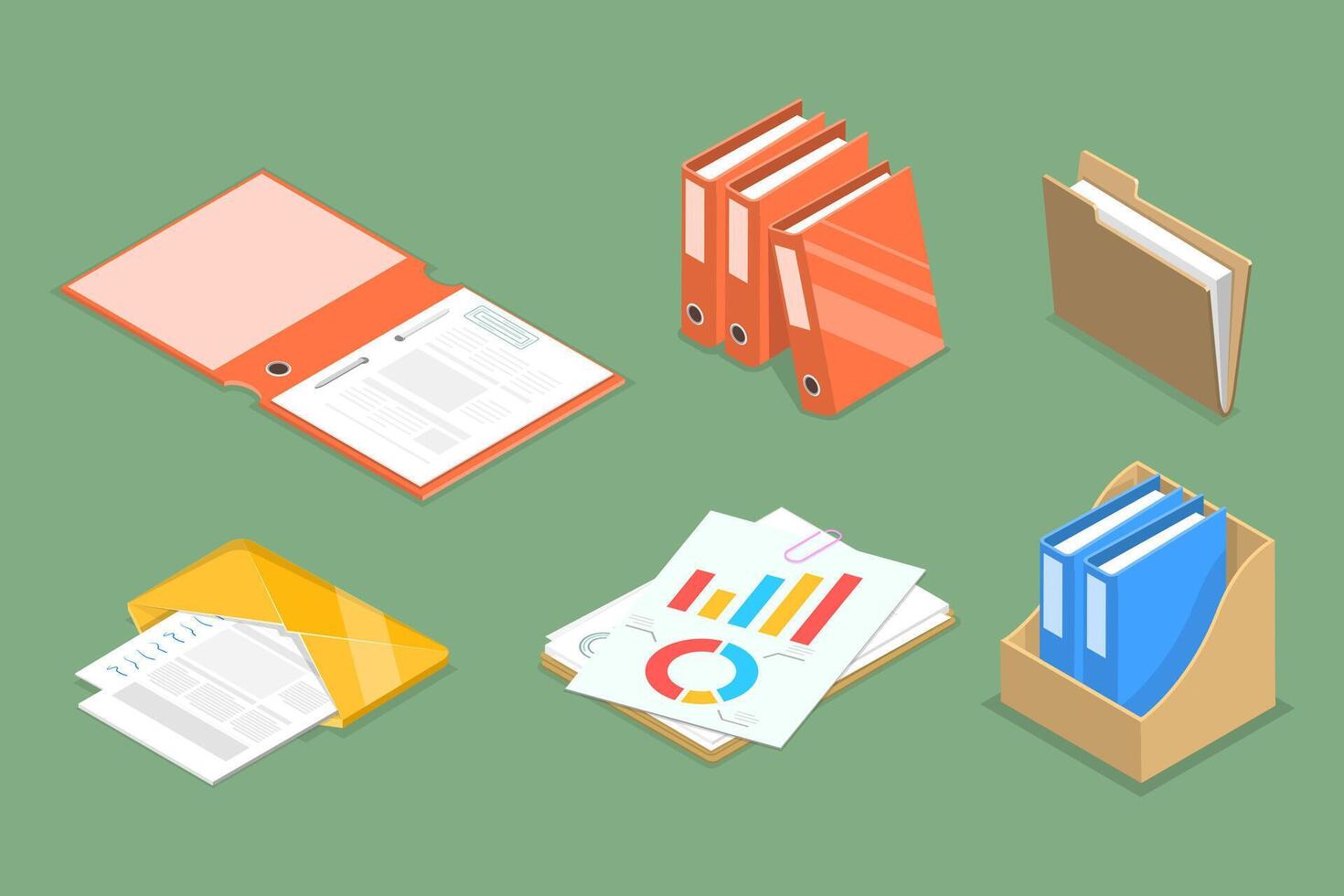 3D Isometric Flat Set of Folders With Files, Business Paperwork vector