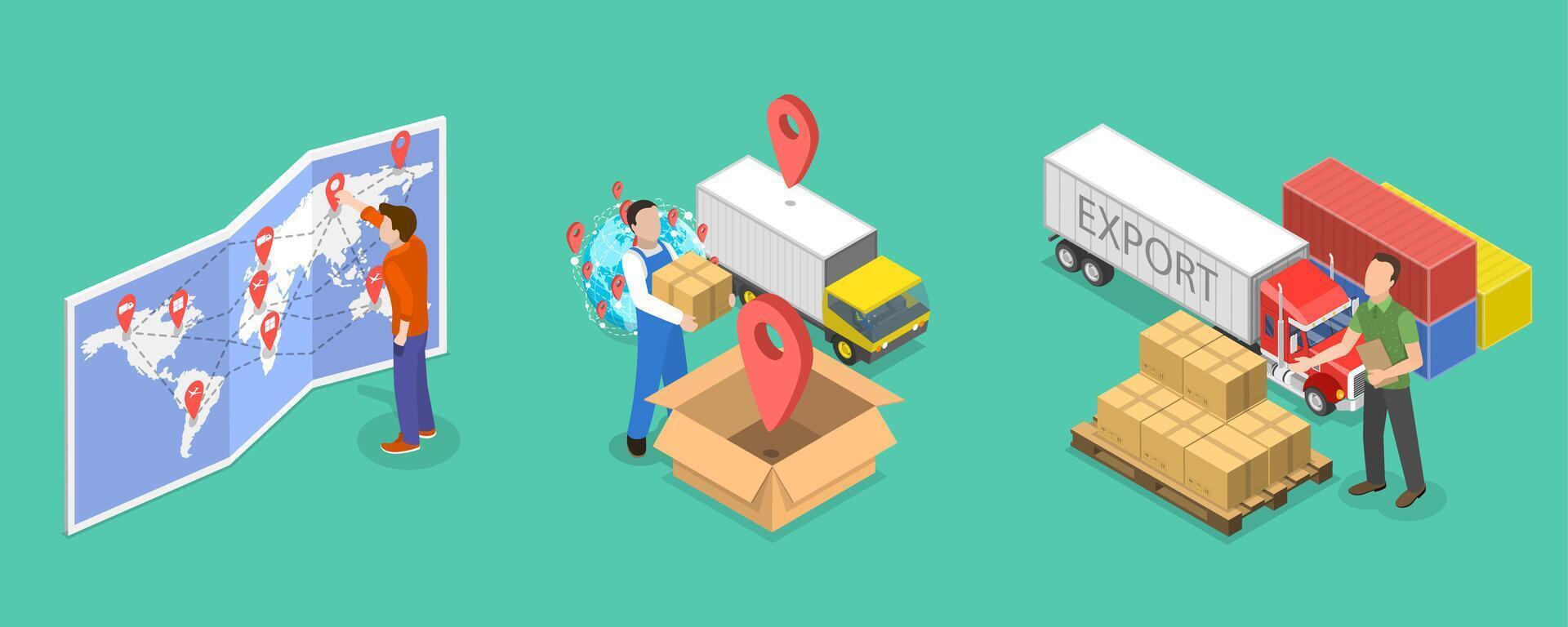 3D Isometric Flat Illustration of Smart Logistics Technologies, Supply Chain Management vector