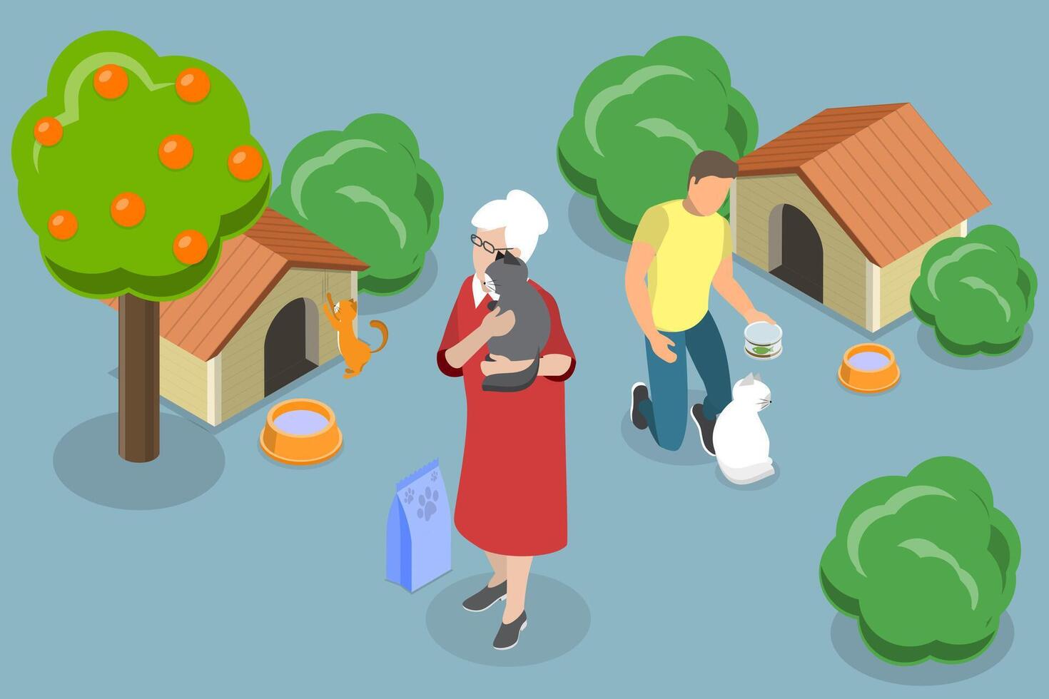 3D Isometric Flat Illustration of Homeless Animals Care, Pet Adoption vector