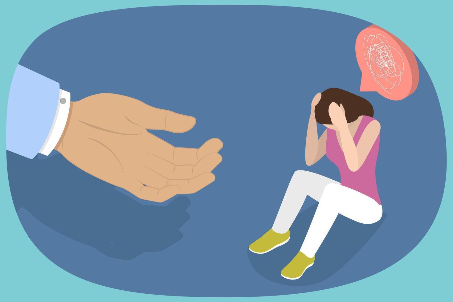 3D Isometric Flat Illustration of Psychologist Support, Therapist Empowers Sad Person to Overcome Depression vector