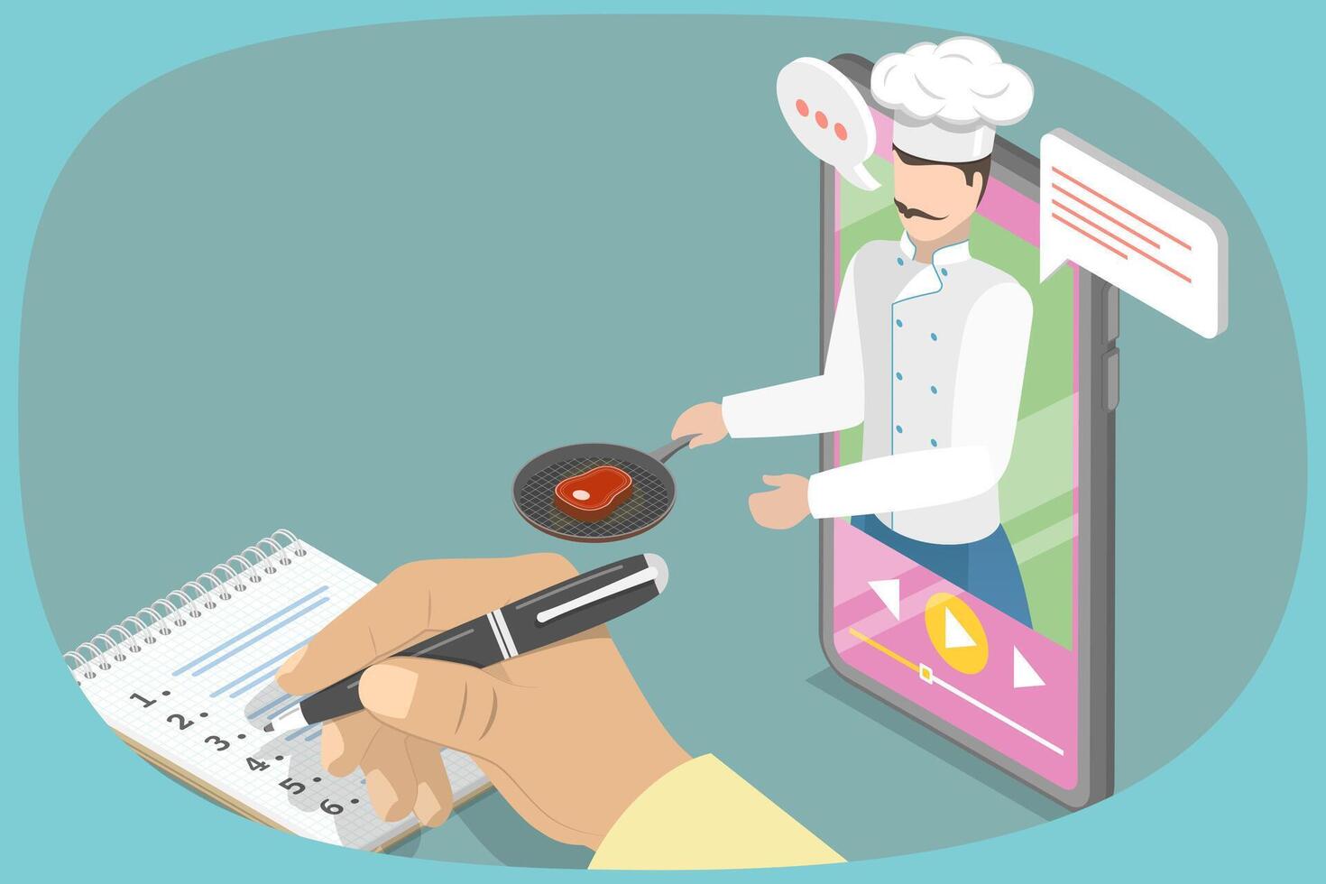 3D Isometric Flat Illustration of Recipe Book App, Online Cooking Instructions from Chef vector