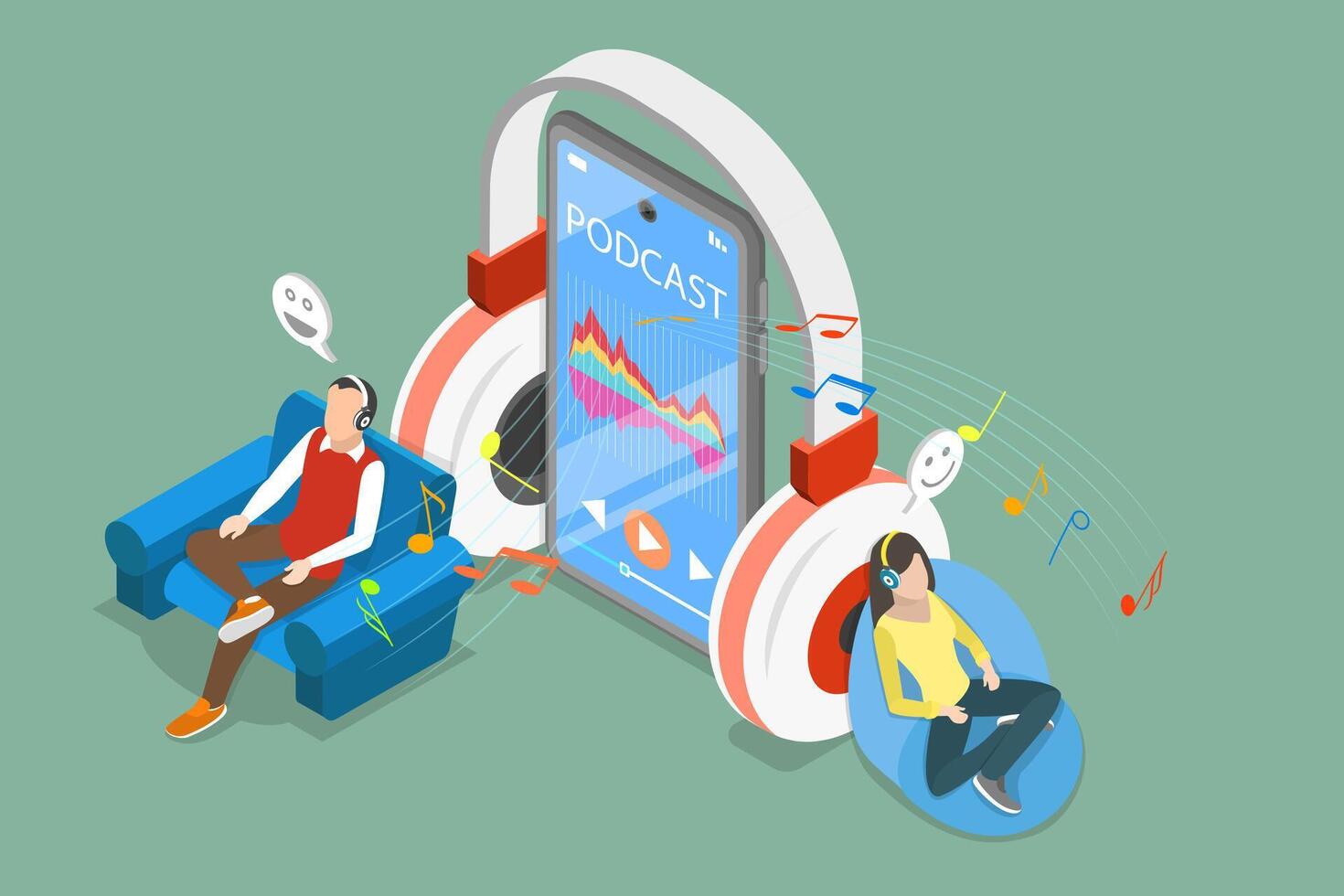 3D Isometric Flat Illustration of Online Podcasting Show, Audio Podcast Listening vector