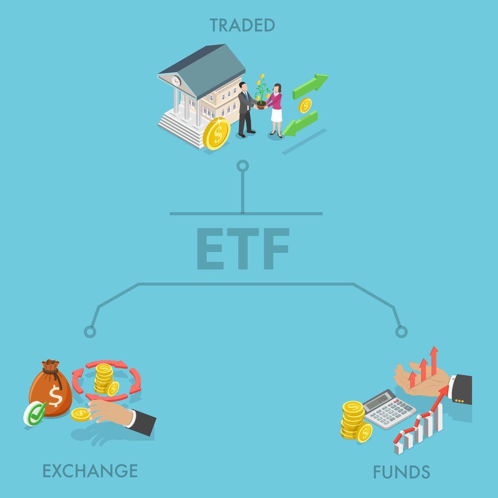 3D Isometric Flat Illustration of Exchange Traded Funds, Concept of ETF, Stock Market Investment vector