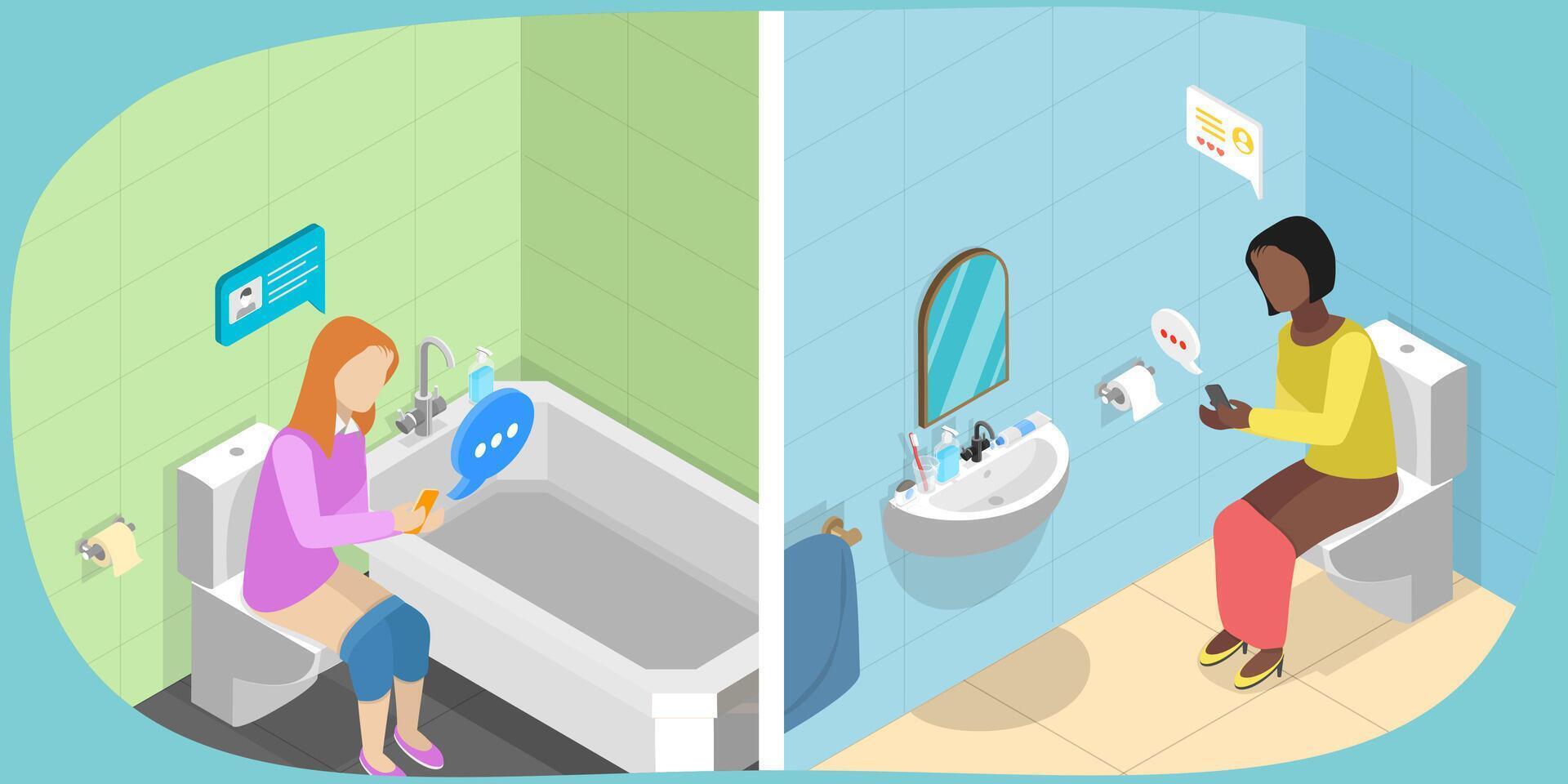 3D Isometric Flat Illustration of Social Media Addiction, People Sitting on Toilet and Chatting with Friends vector