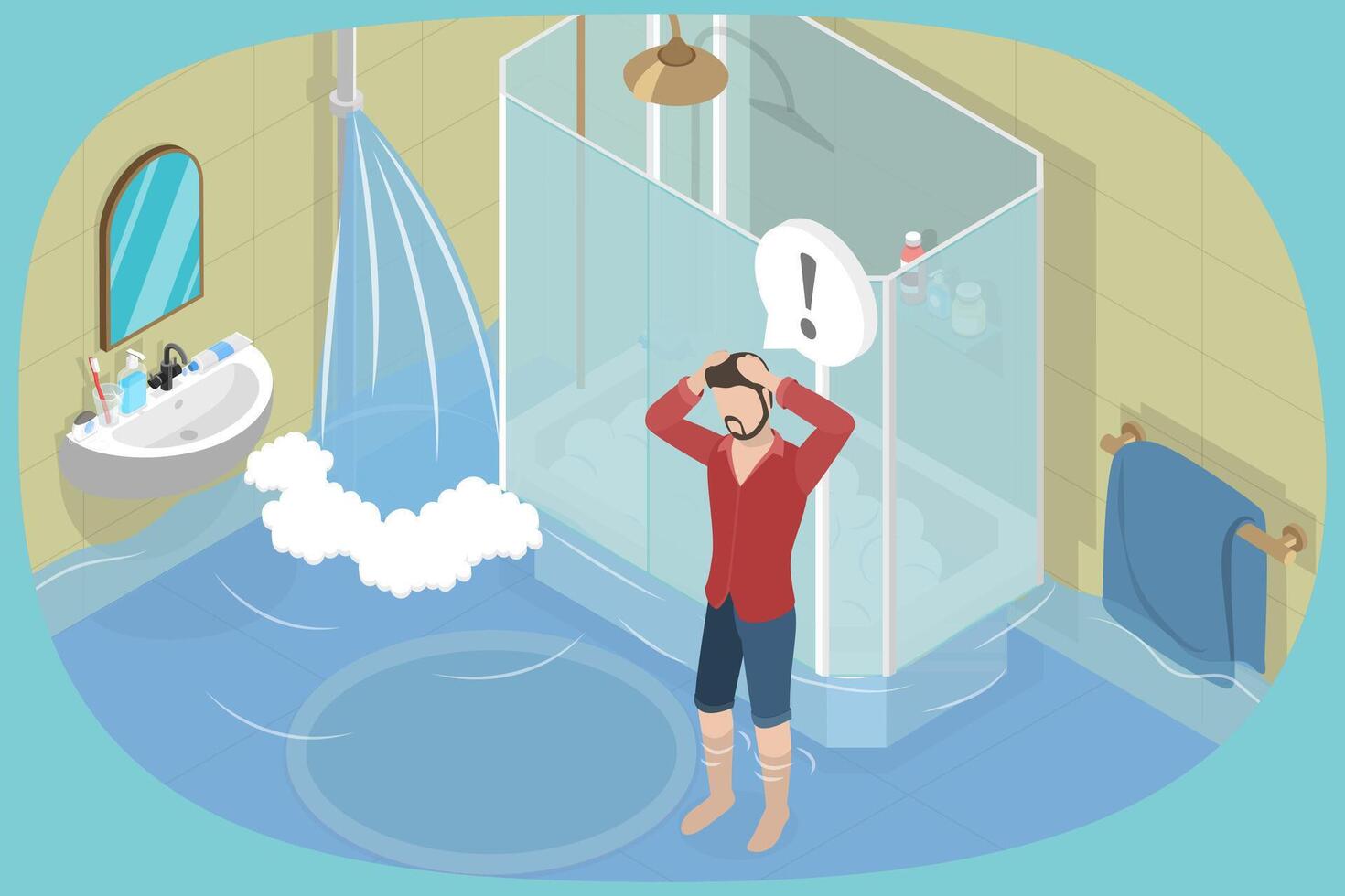 3D Isometric Flat Illustration of Bathroom Flood, Accident and Disaster at Home vector