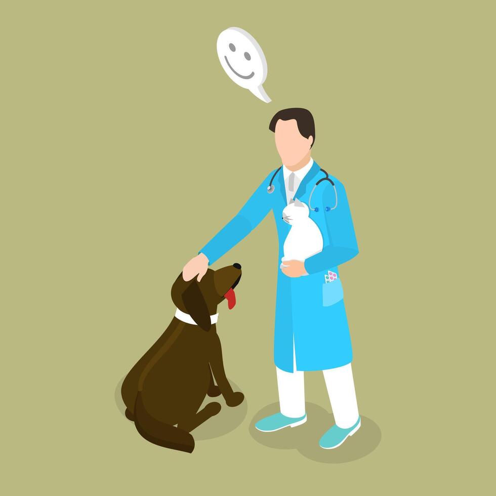 3D Isometric Flat Illustration of Vet Doctor, Healthy and Happy Pets vector