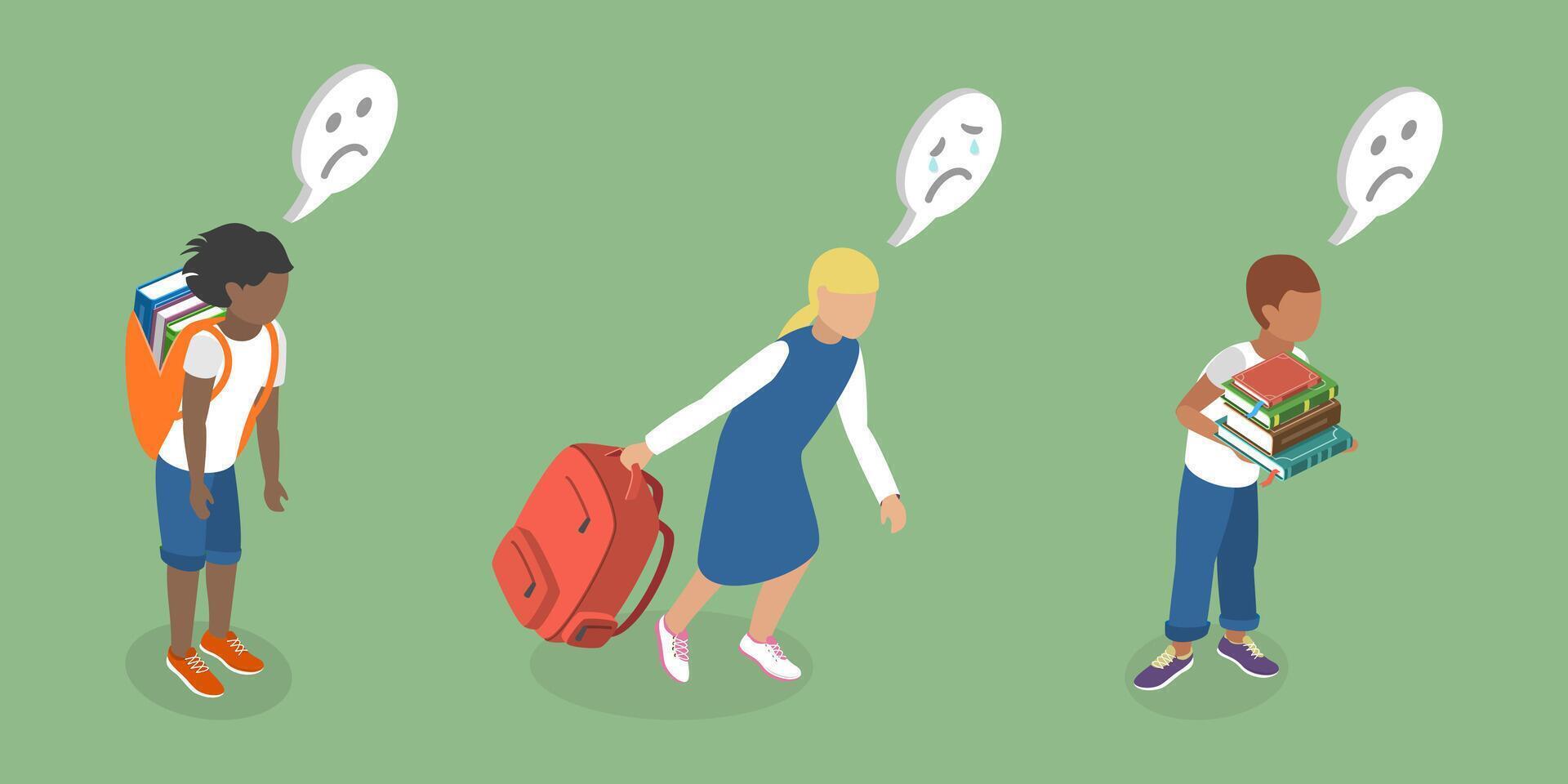 3D Isometric Flat Illustration of Exhausted Schoolchildren, Tired Students Struggling with Academic Demands vector