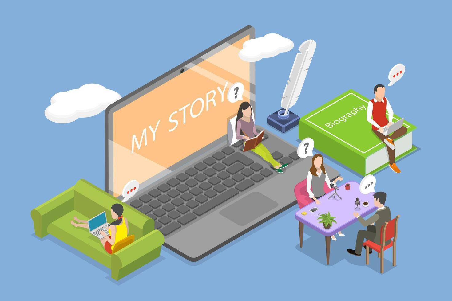 3D Isometric Flat Illustration of Biography Writing, My Story vector
