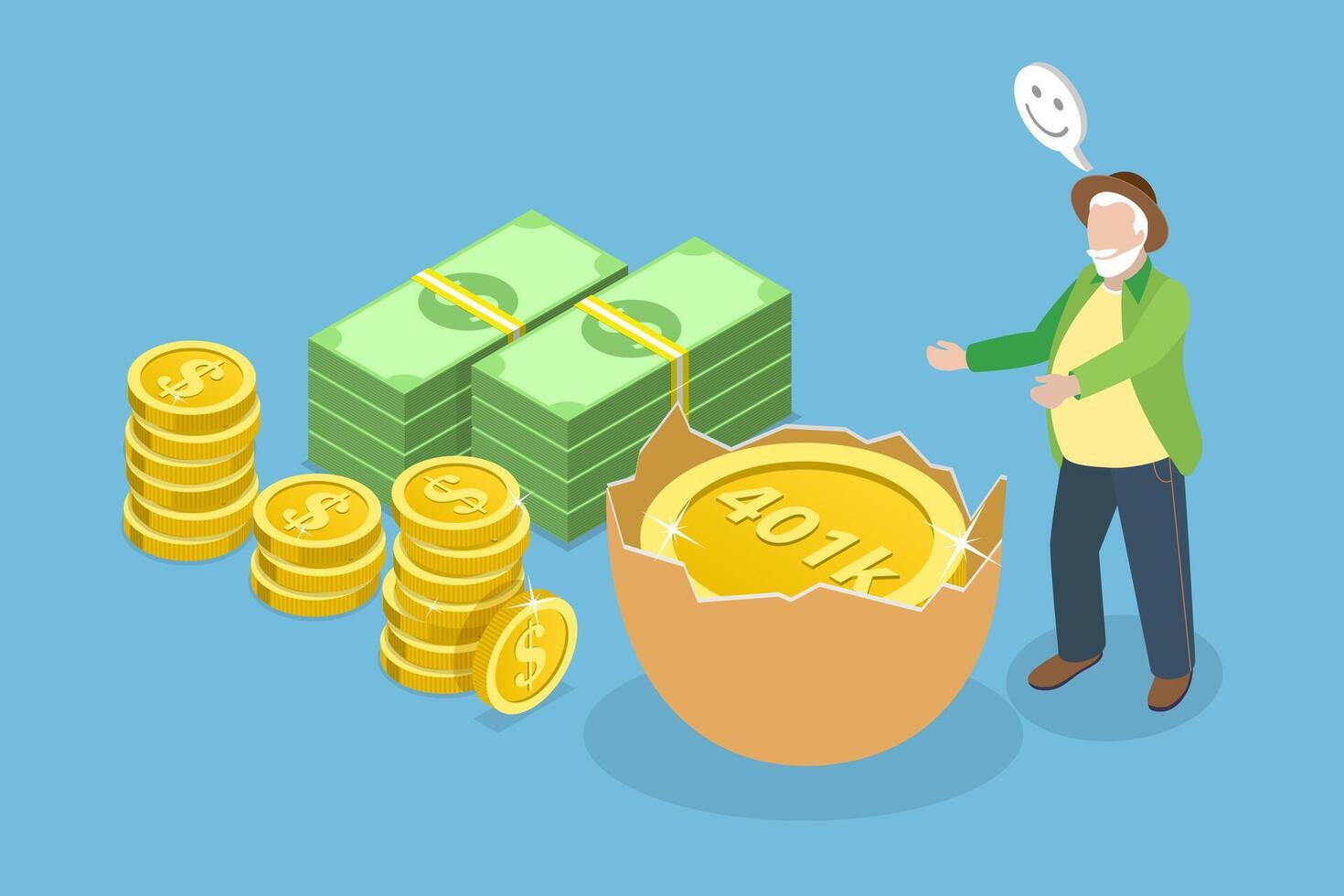 3D Isometric Flat Illustration of Retirement 401K Investment, Pension Plan, Financial Success vector