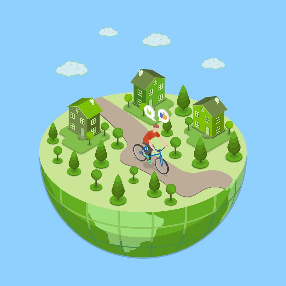 3D Isometric Flat Illustration of Earth Ecology, Sustainable Life Style Awareness vector