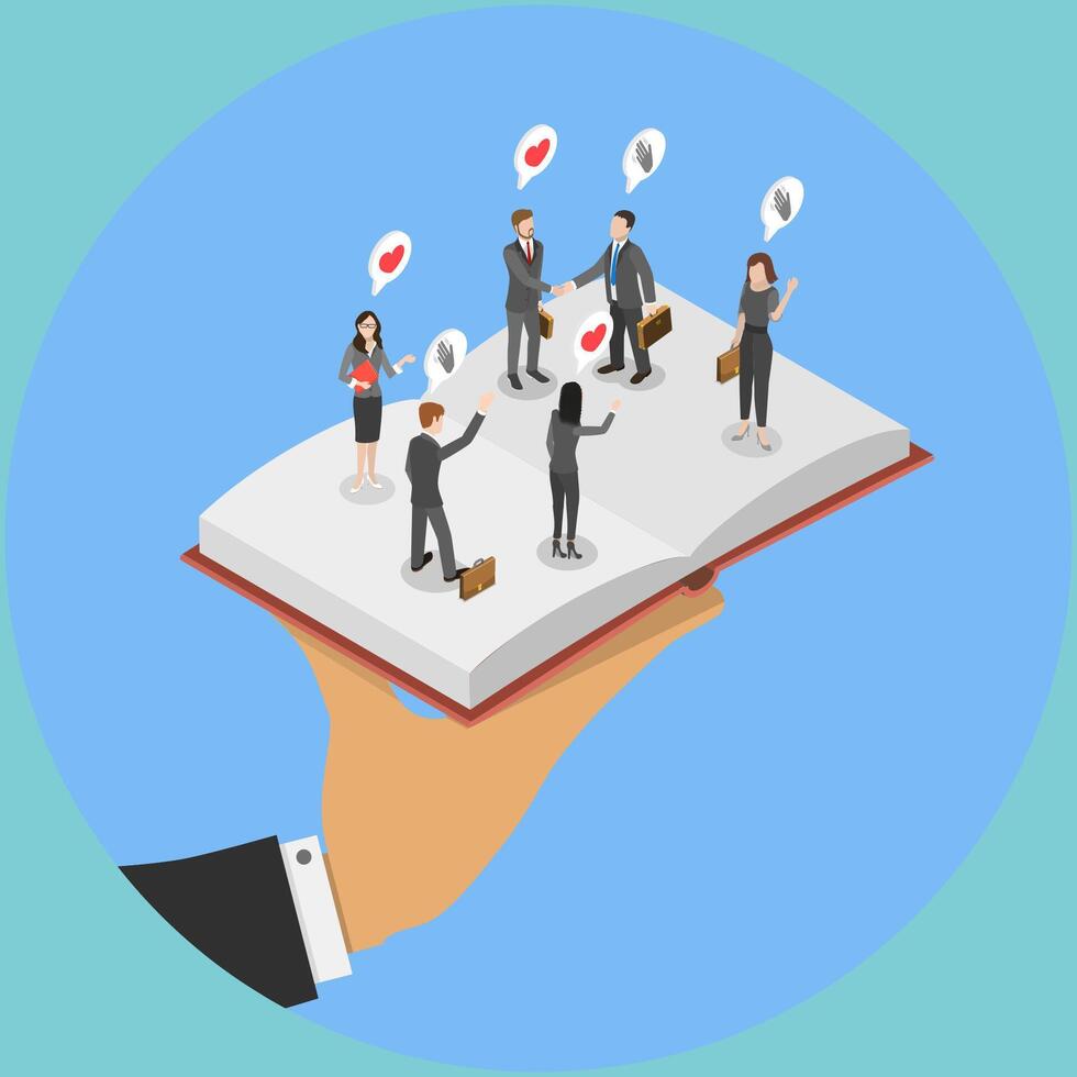 3D Isometric Flat Illustration of Employee Handbook, Onboarding New Staff and Company Procedures for New Hires vector