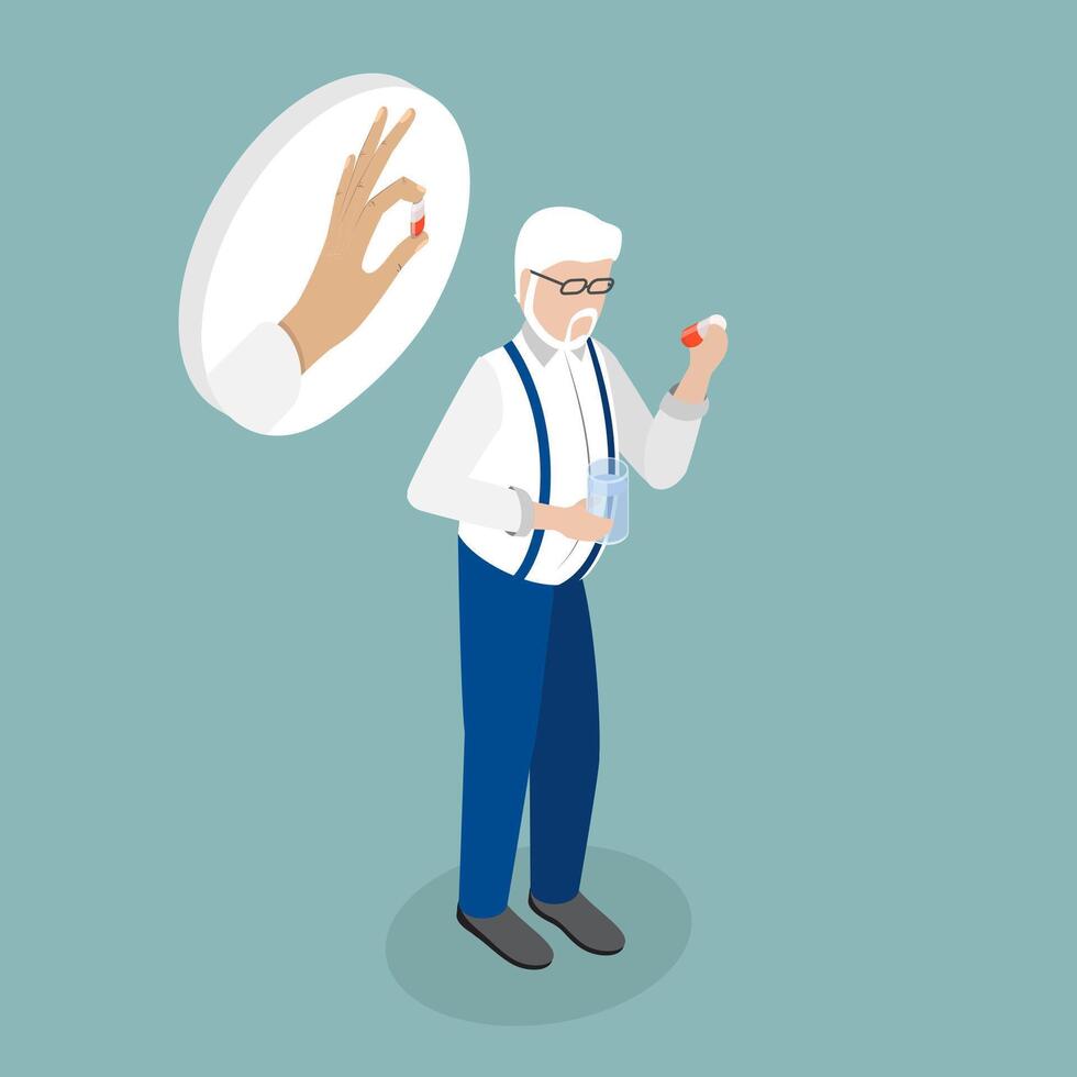 3D Isometric Flat Illustration of Eldery Person Taking Drugs or Vitamins, Senior Daily Routine vector