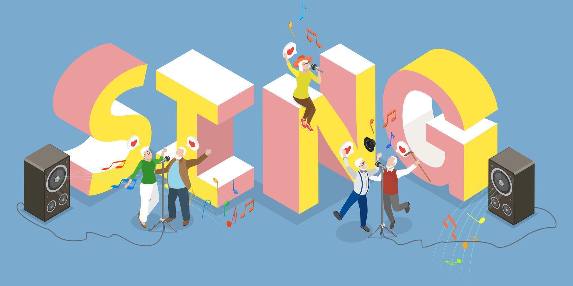 3D Isometric Flat Illustration of Karaoke Party, Elderly Group Engages in Music and Dance Performance vector