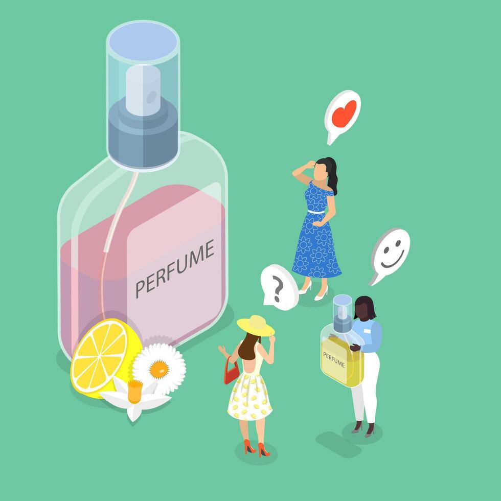 3D Isometric Flat Illustration of Perfumery Shop, People Delighting of Floral Deodorant Scent vector