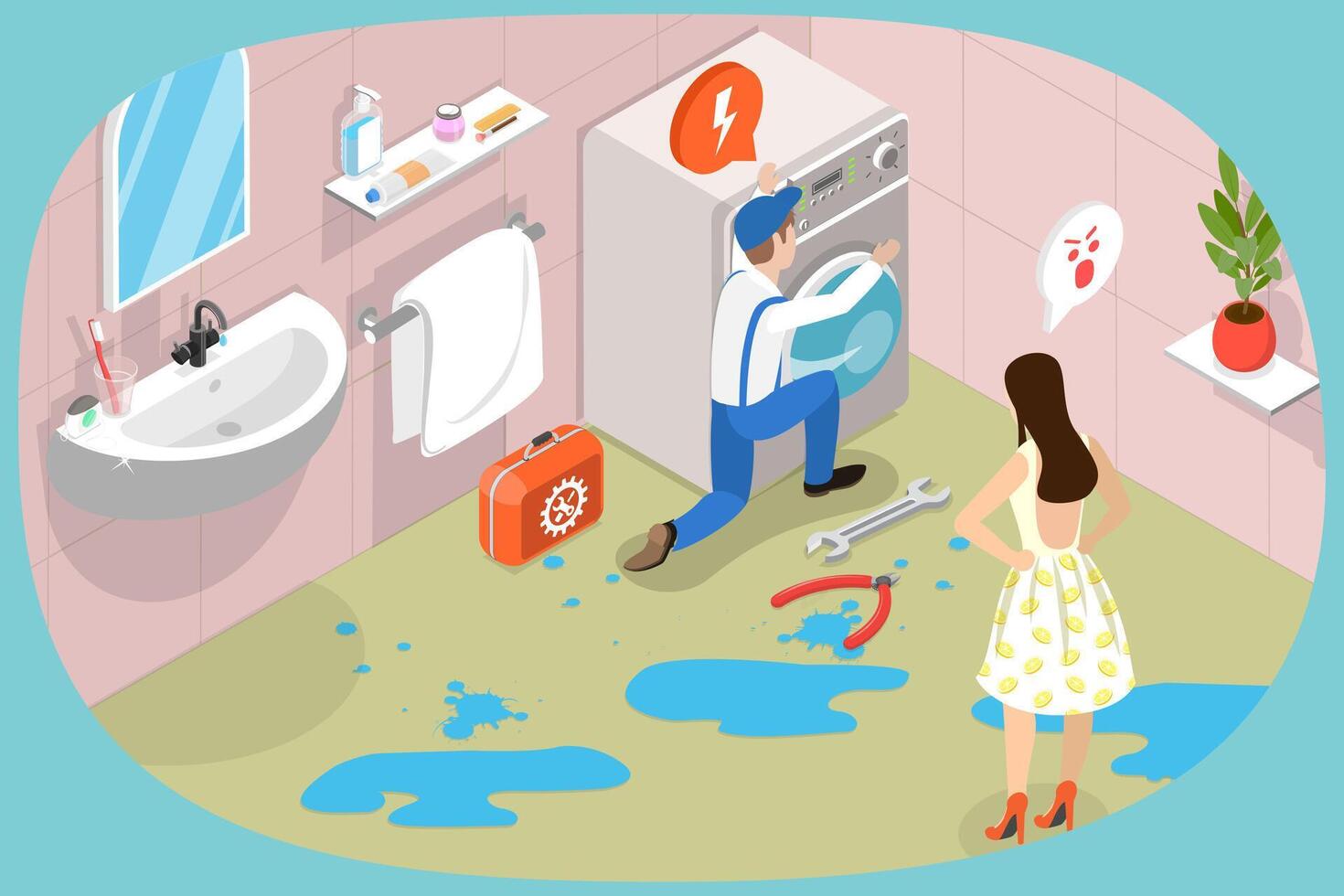 3D Isometric Flat Illustration of Plumbing Repair Service, Faucet or Water Leakage Problems vector