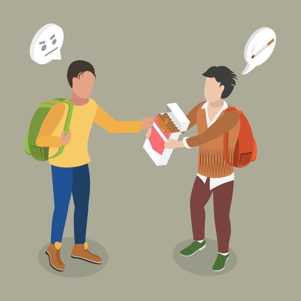 3D Isometric Flat Illustration of Peer Influence On Adolescent Smoking, Peer Pressure vector