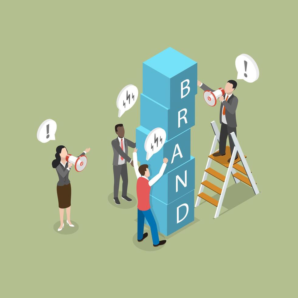 3D Isometric Flat Illustration of Brand Building, Enhancing Brand Presence and Reputation with Effective Marketing Strategy for Business Growth vector