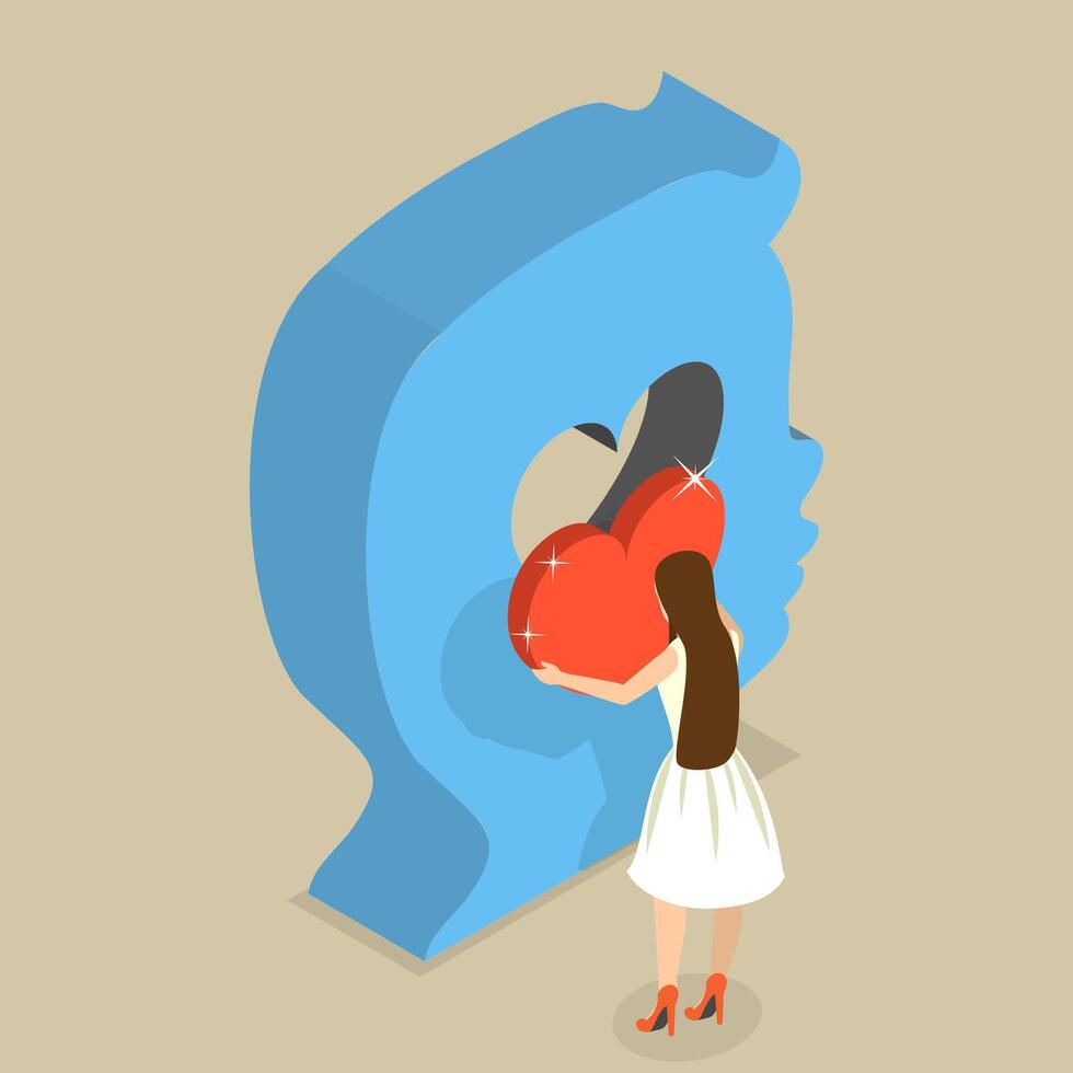 3D Isometric Flat Illustration of Giving Love, Child Mental Health vector