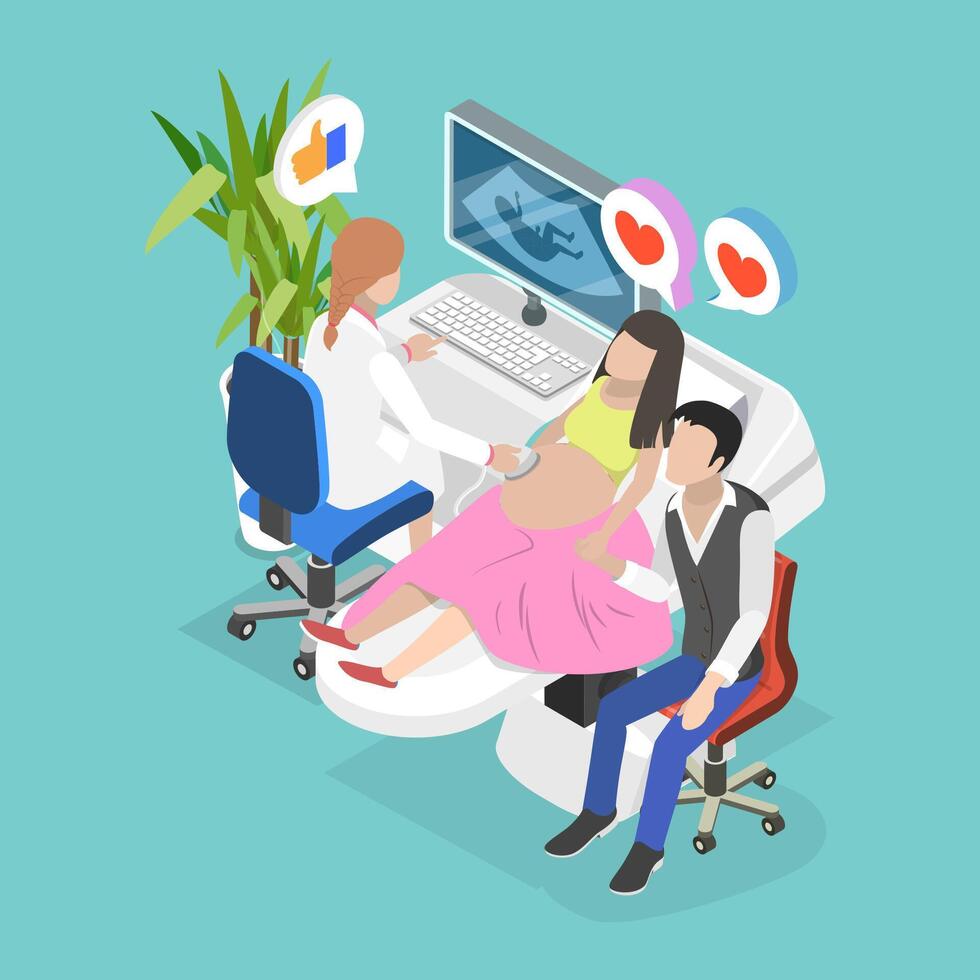 3D Isometric Flat Illustration of Happy Pregnant Couple, Geting Ultrasound at Medical Facility vector