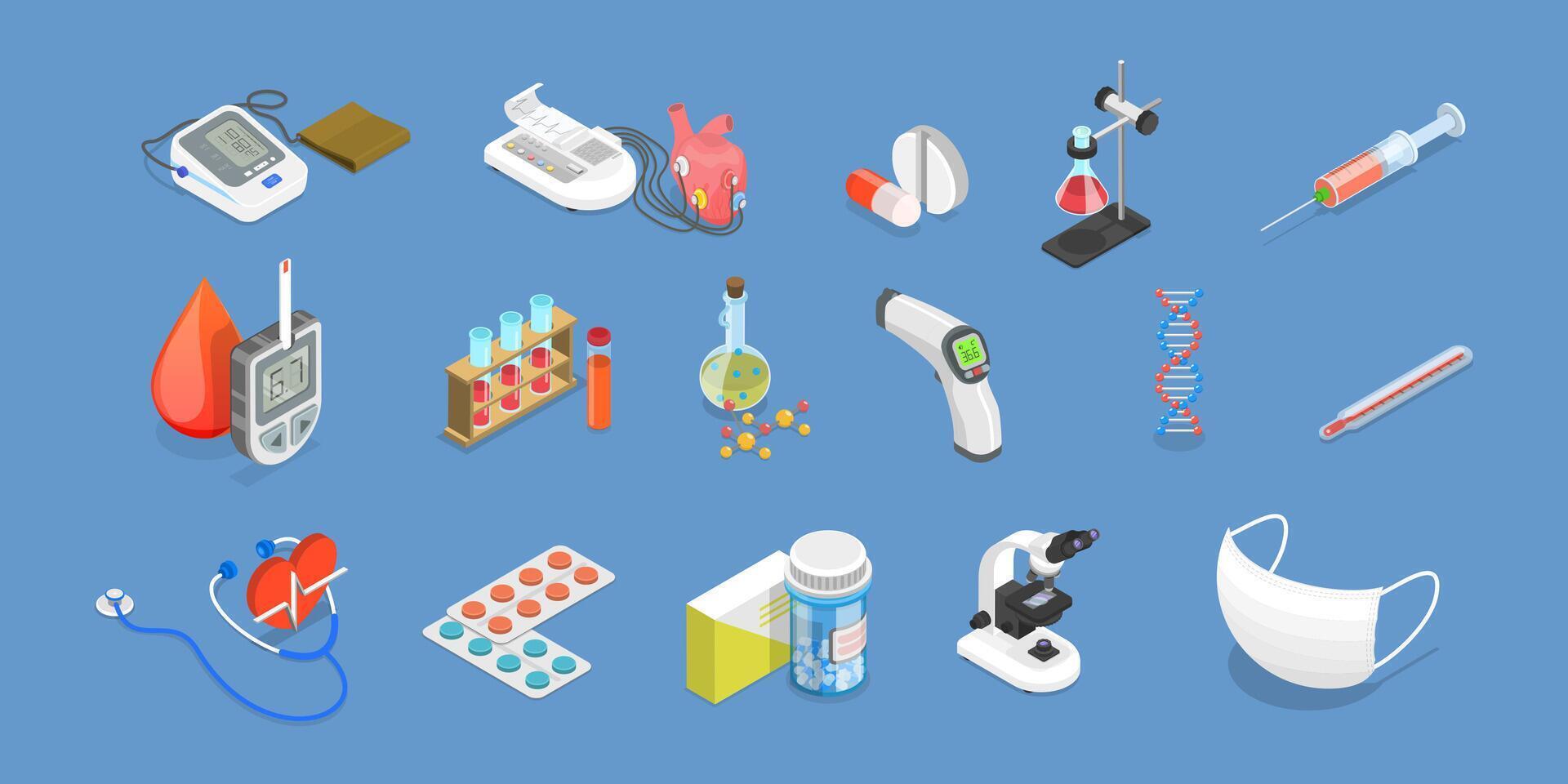 3D Isometric Flat Set of Medicine Elements, Medication and Pharmaceutics vector