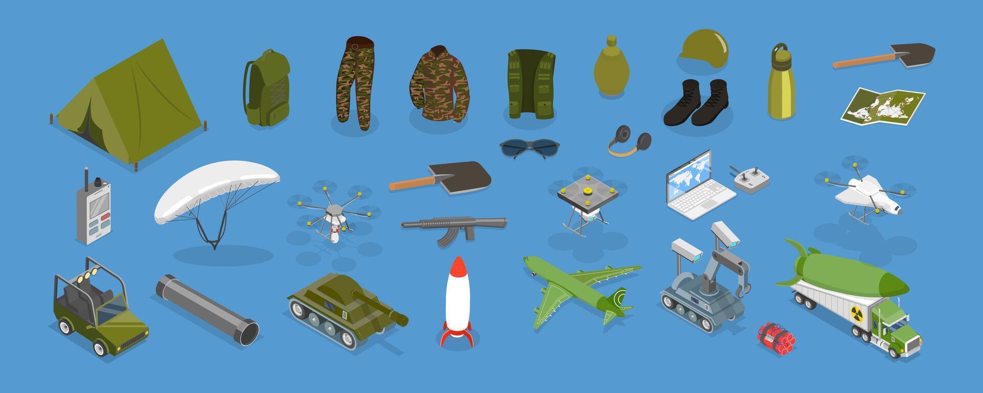 3D Isometric Flat Illustration of Millitary Collection, Army Equipment vector