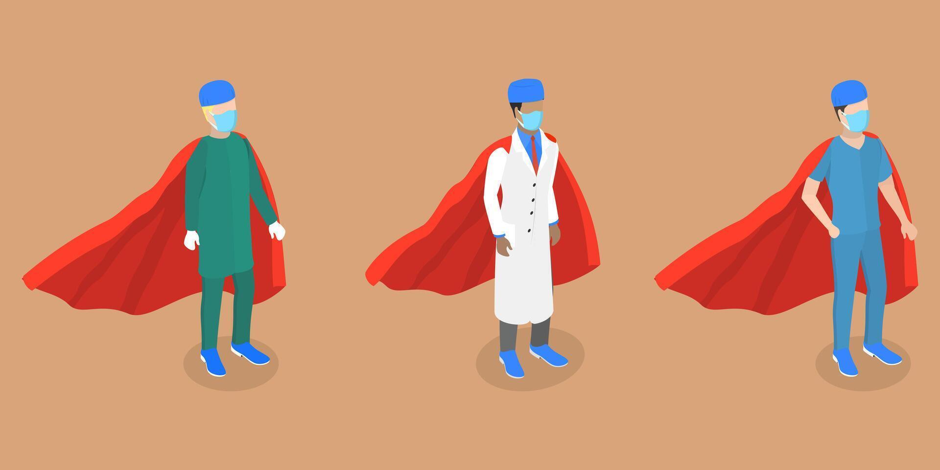 3D Isometric Flat Illustration of Doctor Super Hero, Professional Hospital Workers vector