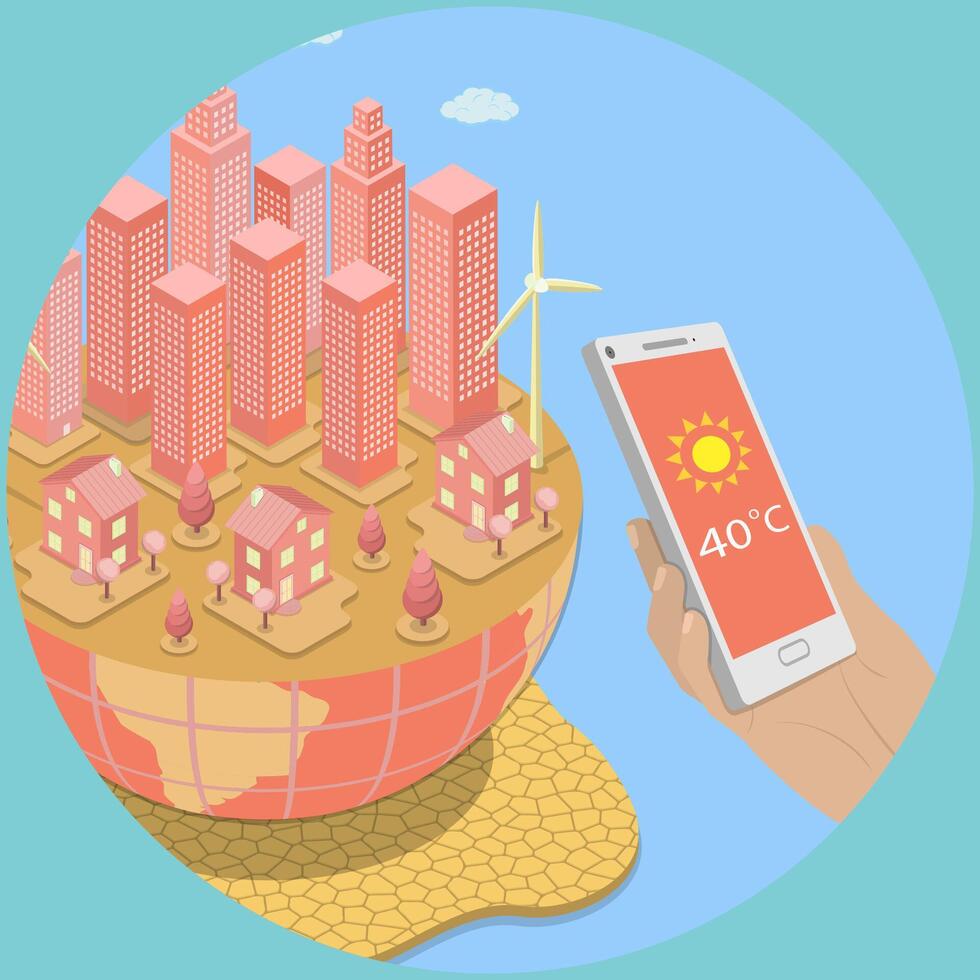 3D Isometric Flat Illustration of Hot Summer , Climate Change Causing Abnormal Temperature Problem vector