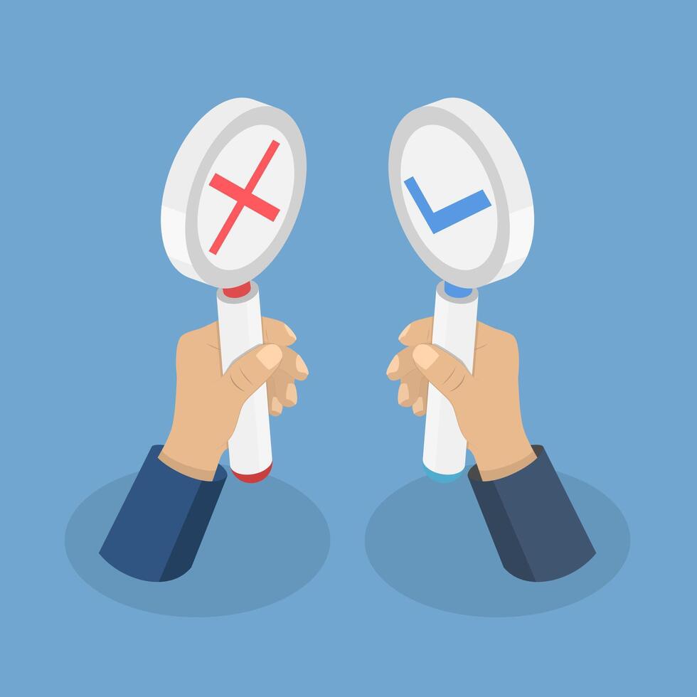 3D Isometric Flat Illustration of Wrong And Right, Signs with Cross and Checkmark vector