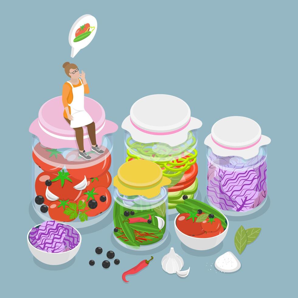 3D Isometric Flat Illustration of Fermented Foods, Jarred Healthy Pickles and Cabbage vector