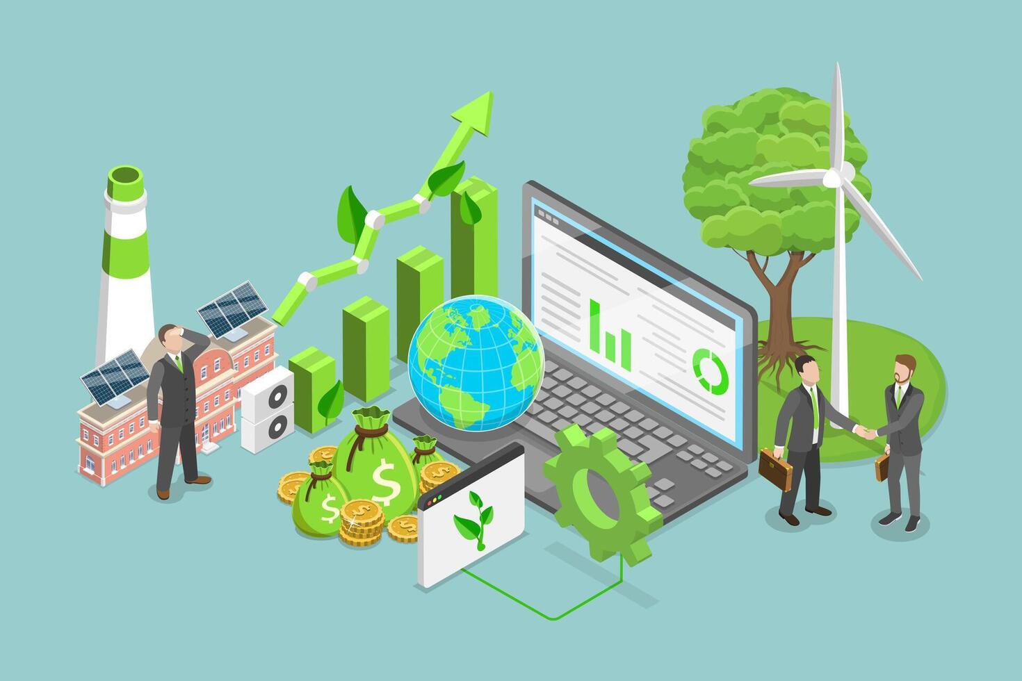 3D Isometric Flat Illustration of Green Finance , Growth Economic Sustainability vector
