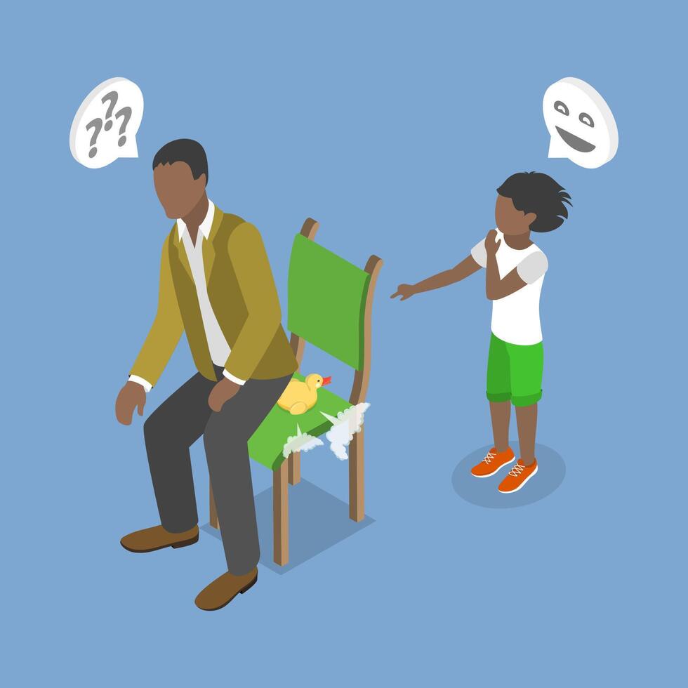 3D Isometric Flat Illustration of Prank Trick, Putting Rubber Duck on Chair at Home vector