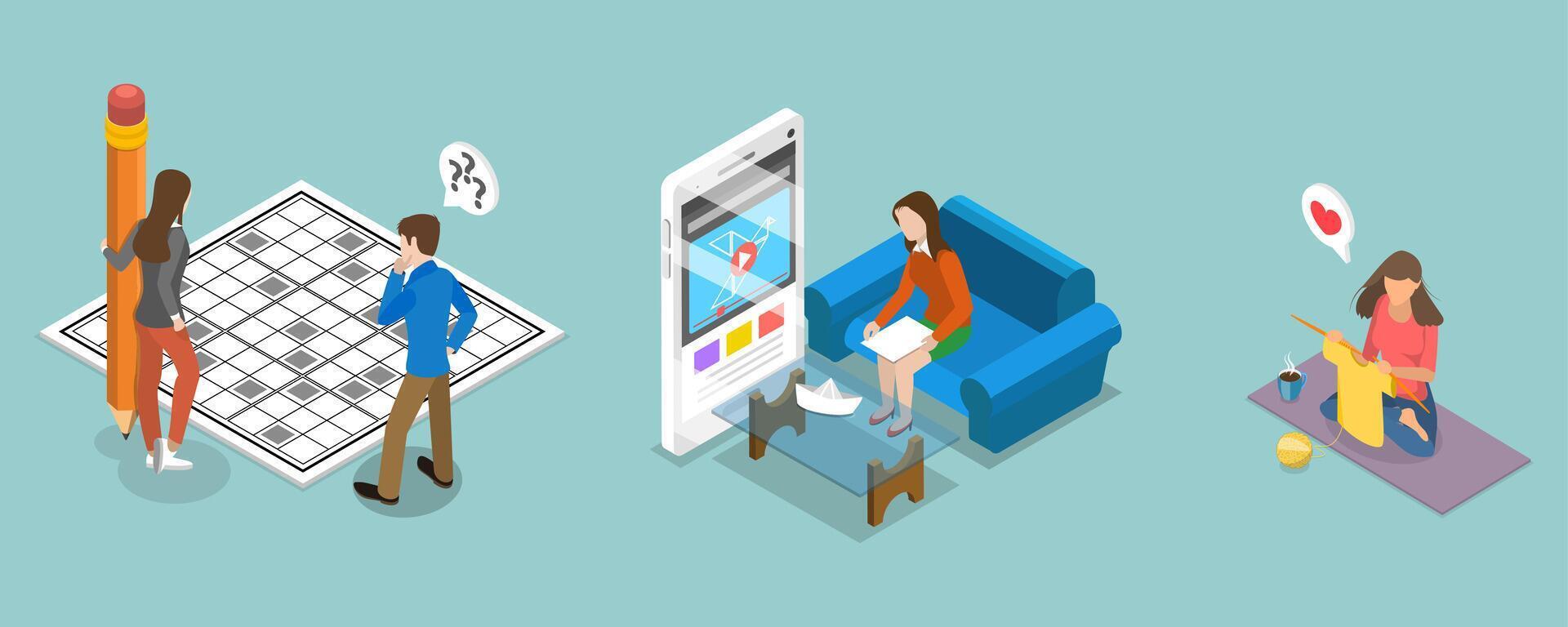 3D Isometric Flat Illustration of Stay at Home Games, Learning and Leisure vector