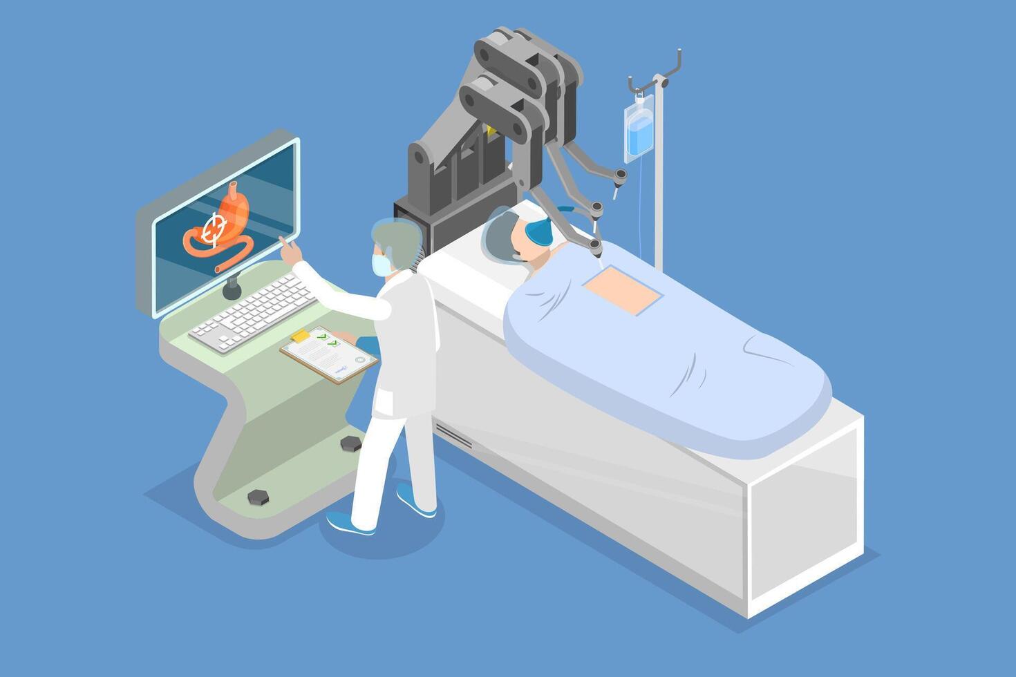 3D Isometric Flat Illustration of Surgery With Medical Robot, Controlling a Cyborg Arm During Medical Operation vector