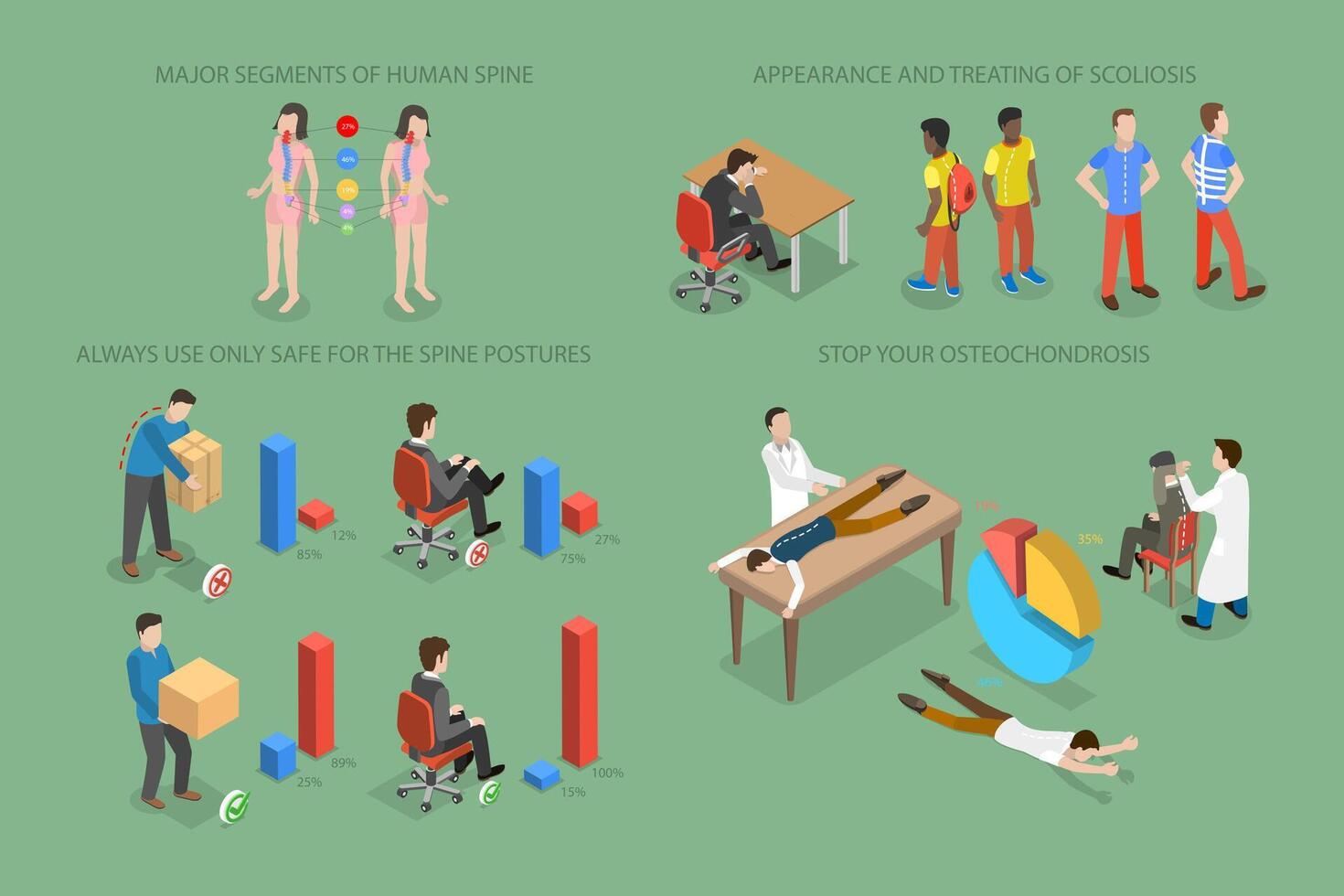 3D Isometric Flat Illustration of Posture Infographics Layout, Chiropractor, Spine Treatment, Joint Recovery vector