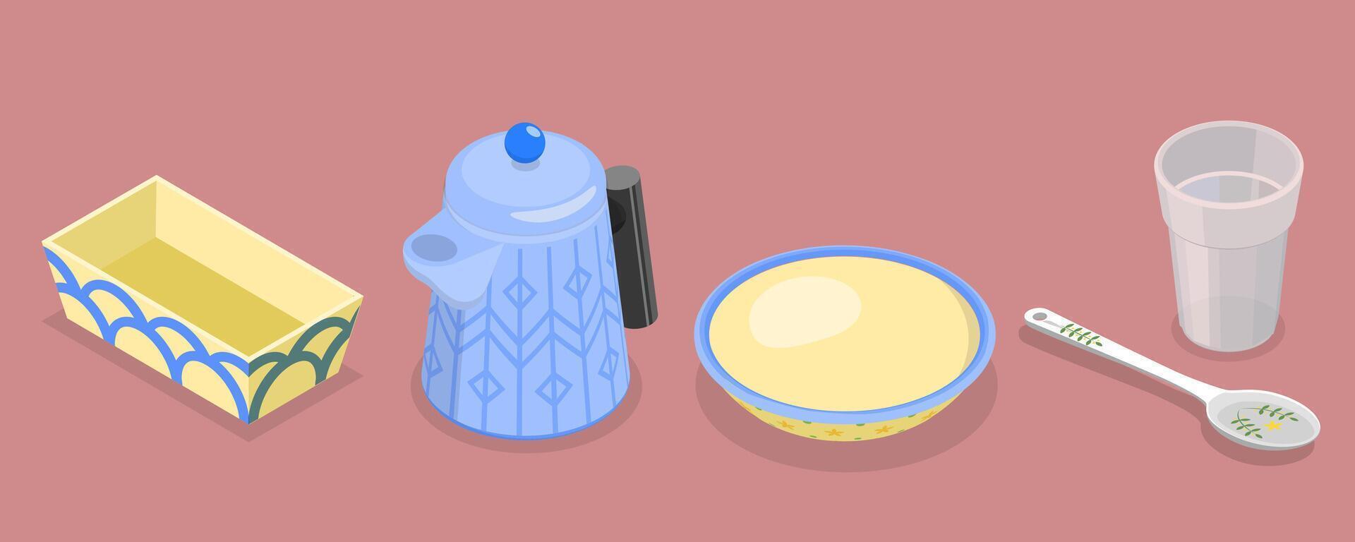 3D Isometric Flat Set of Kitchen Utensils In Retro Style, Decorative Plate or Dish vector