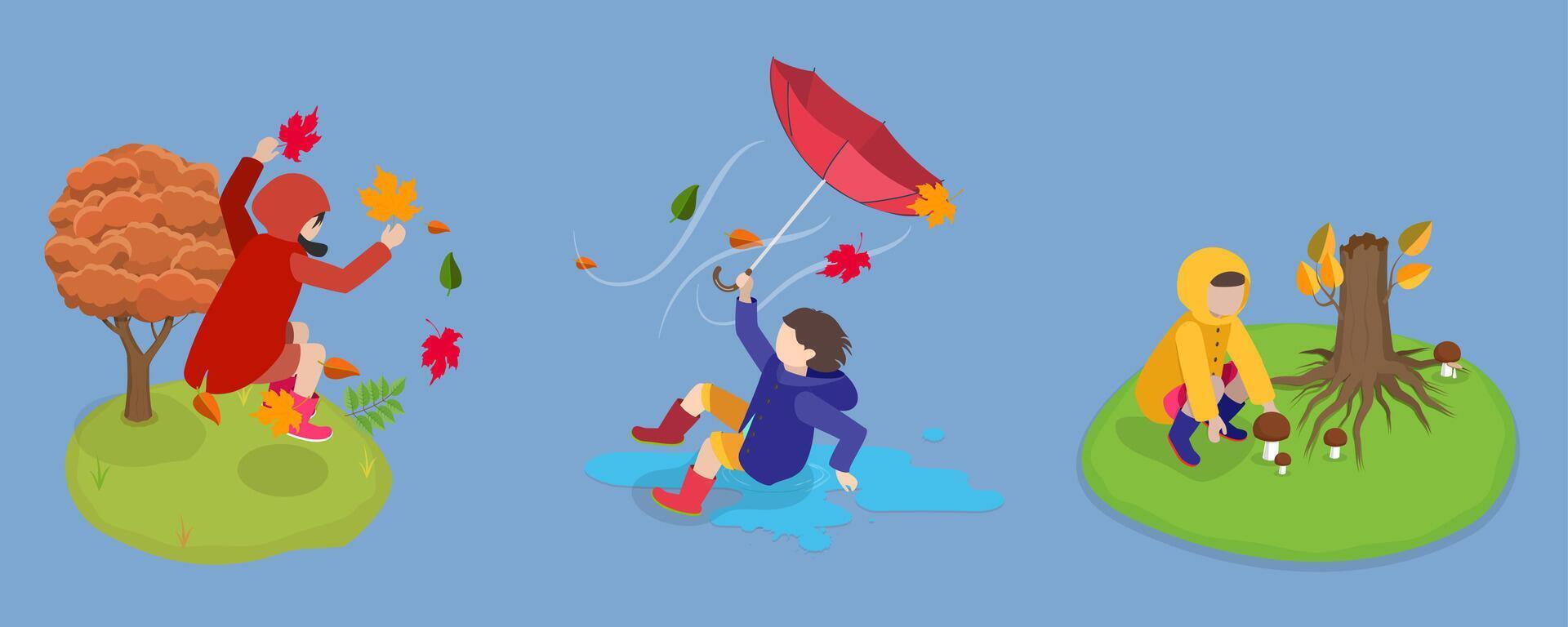 3D Isometric Flat Illustration of Autumn Cozy Moments, Leaf Collecting, Crunchy Piles, and Cozy Nature Moments vector