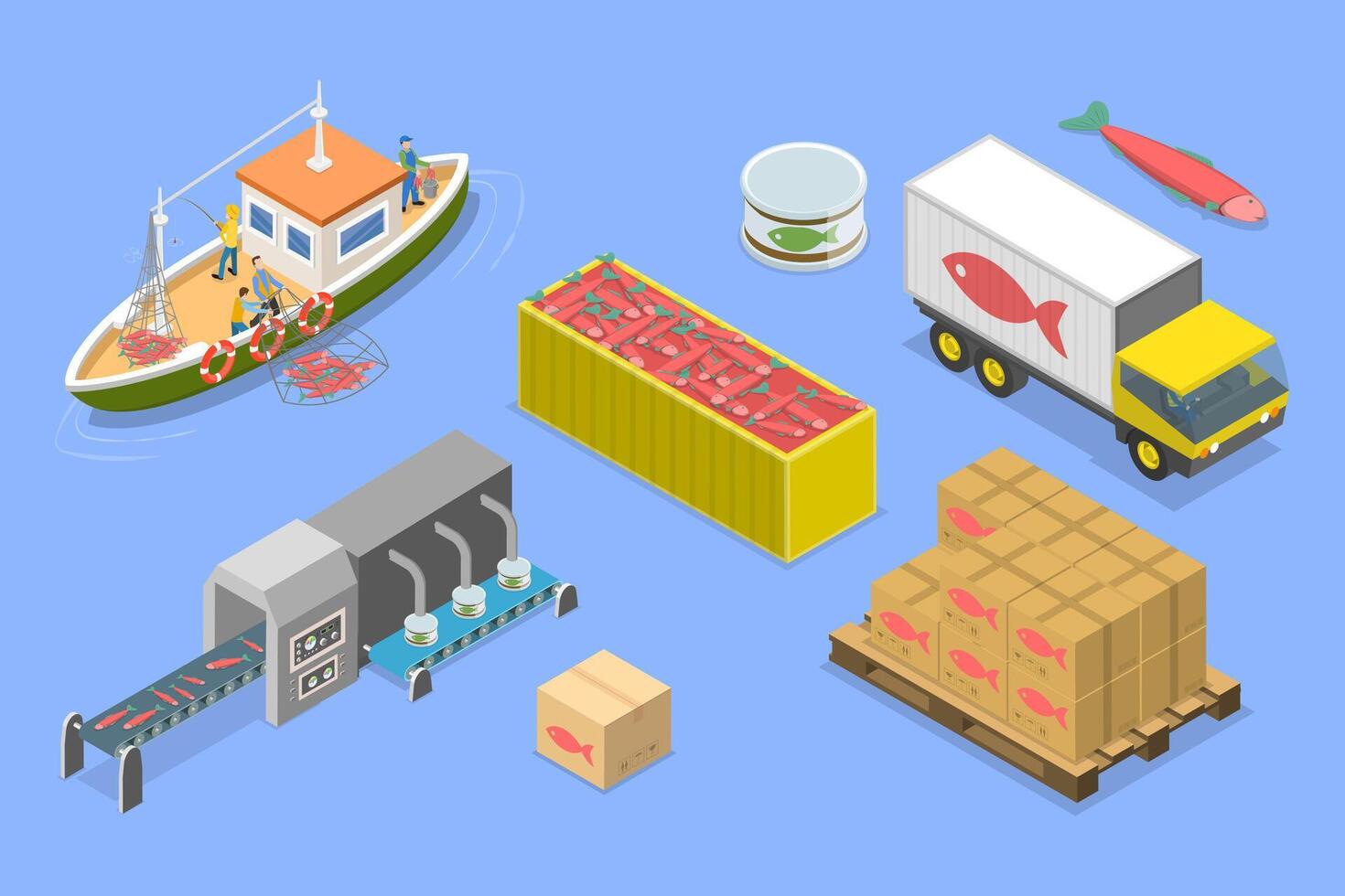 3D Isometric Flat Set of Fish Production , Fishing Industry vector