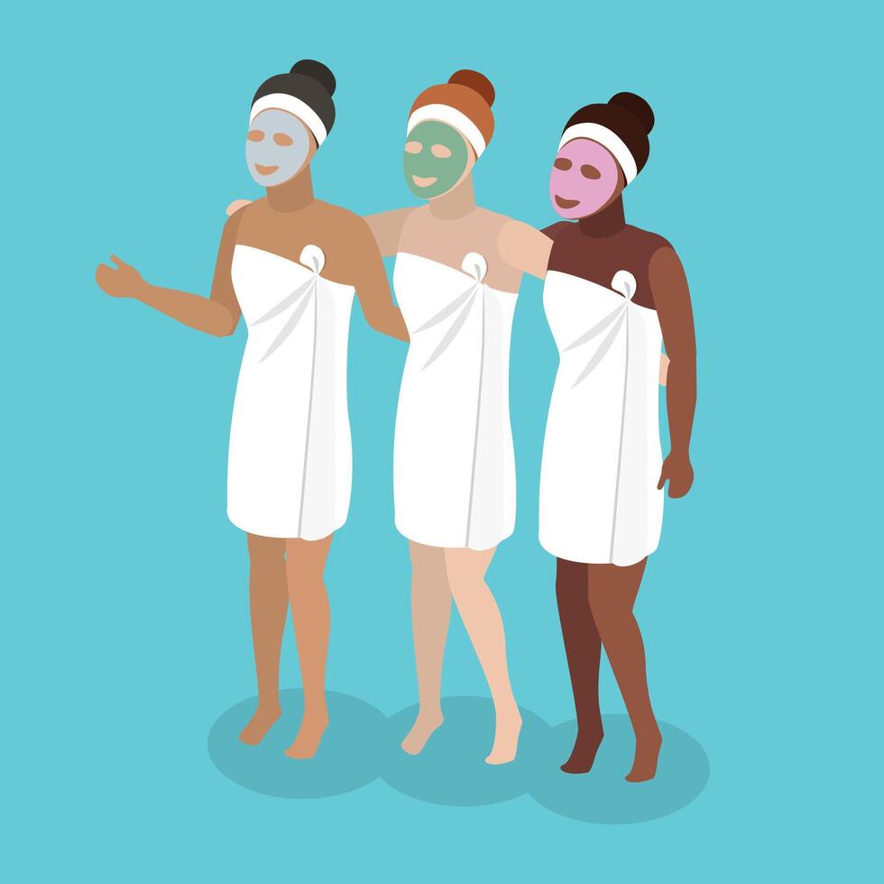 3D Isometric Flat Illustration of Anti-aging Procedure, Smiling Girls with Cosmetic Face Masks vector