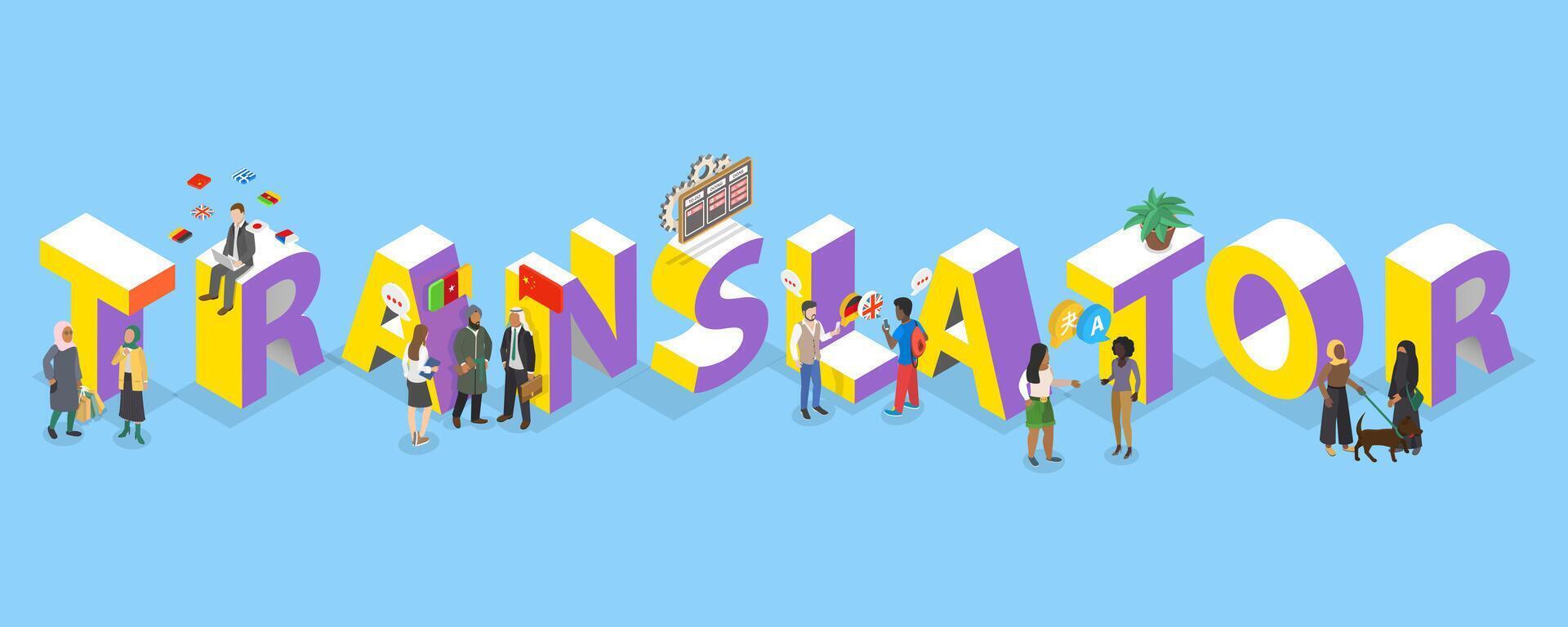 3D Isometric Flat Illustration of Translator, Language Translation Service vector