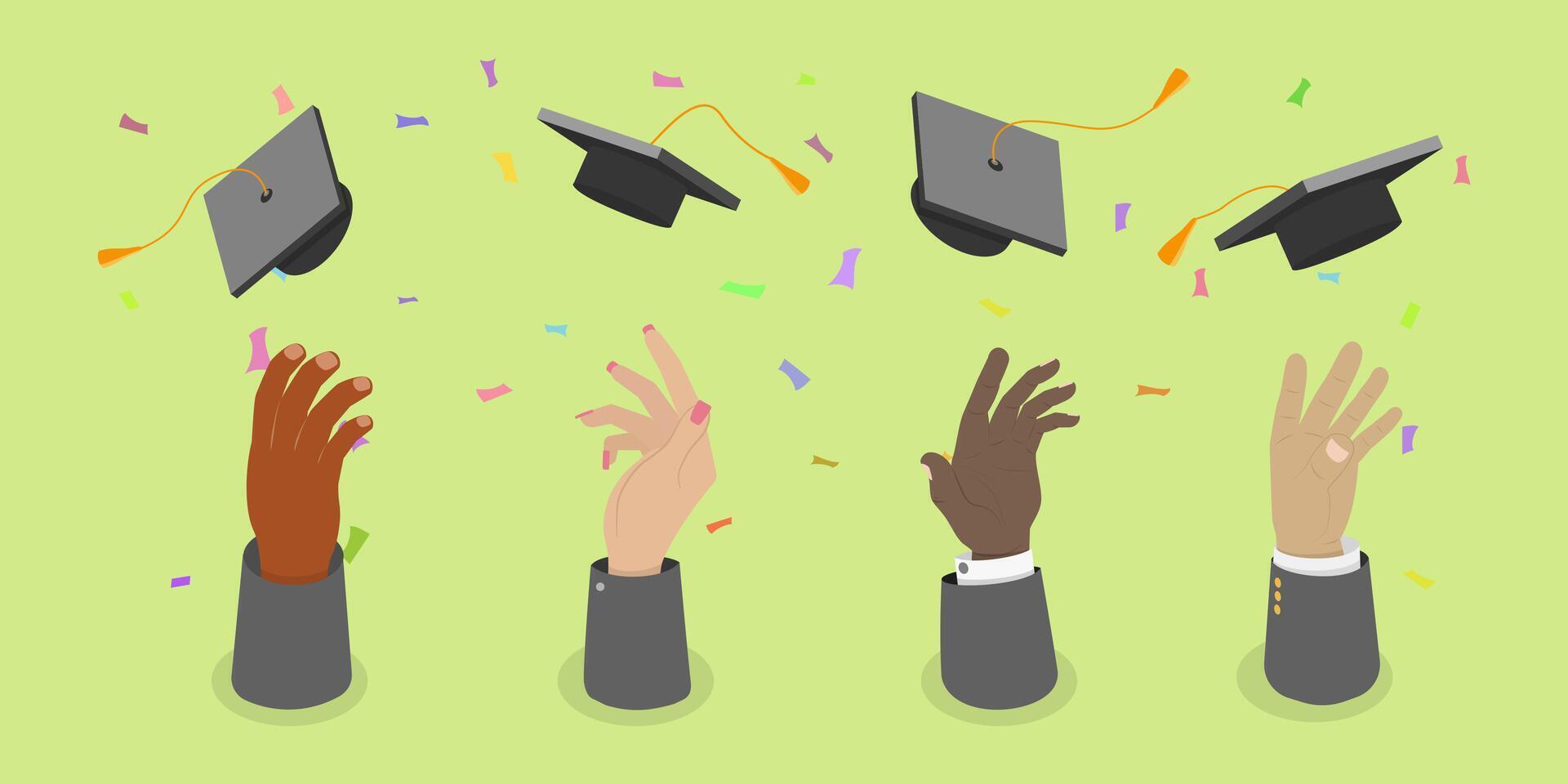 3D Isometric Flat Set of Graduate Students, Peoples Hands Tossing Graduation Caps Up in Celebration vector