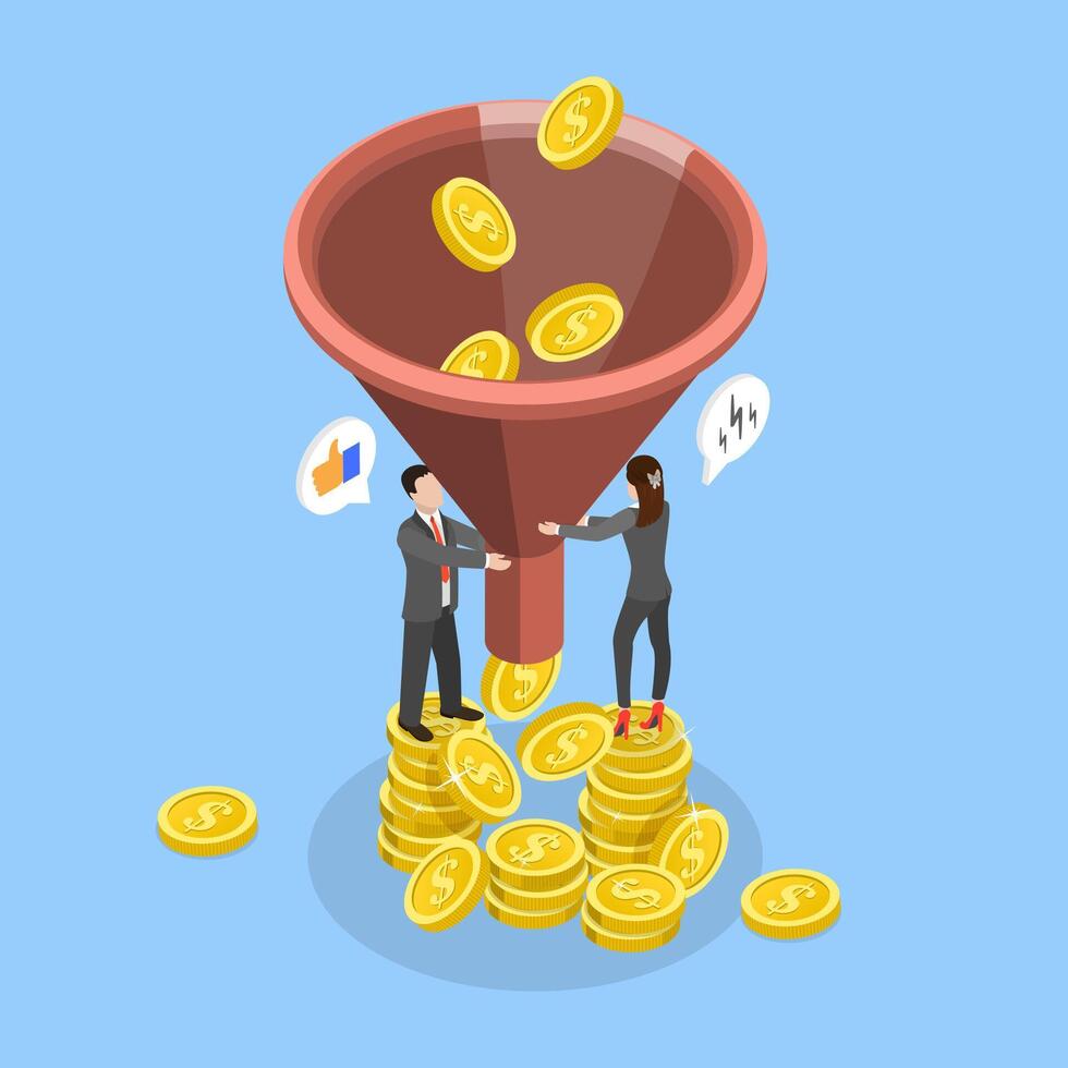 3D Isometric Flat Illustration of Sale Funnel, Increasing Purchase Rate in Advertising Campaign vector
