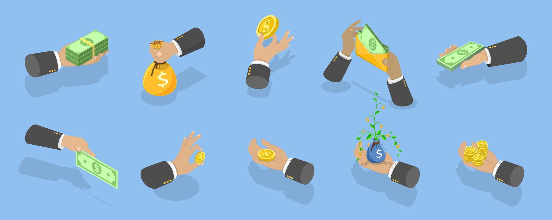 3D Isometric Flat Illustration of Hands Holding Money in Various Forms, Coins, Banknotes, and Cash vector