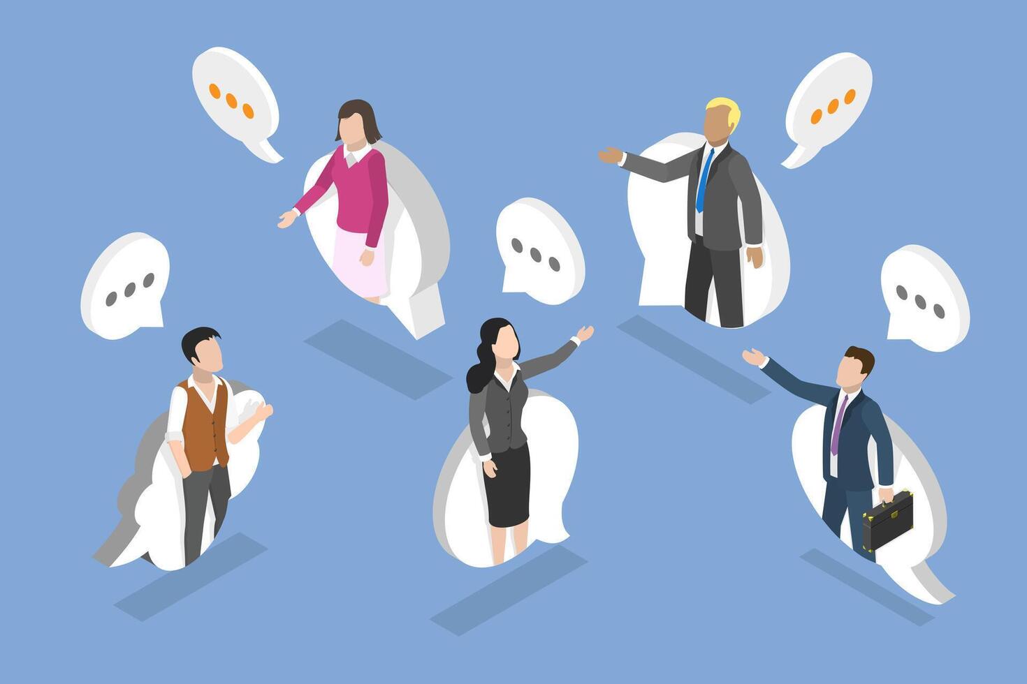 3D Isometric Flat Illustration of Business Discussion, Coworkers Engaging in Dialog and Group Discussion vector