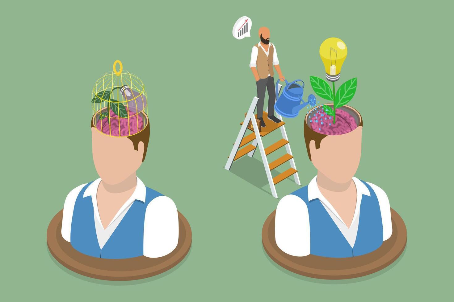 3D Isometric Flat Illustration of Different Mindsets, Embracing Growth Over Fixed Mindset vector